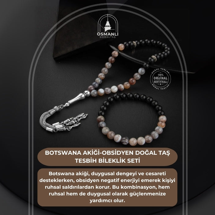 Botswana Akiği-Obsidyen Doğal Taş Tesbih Bileklik Seti