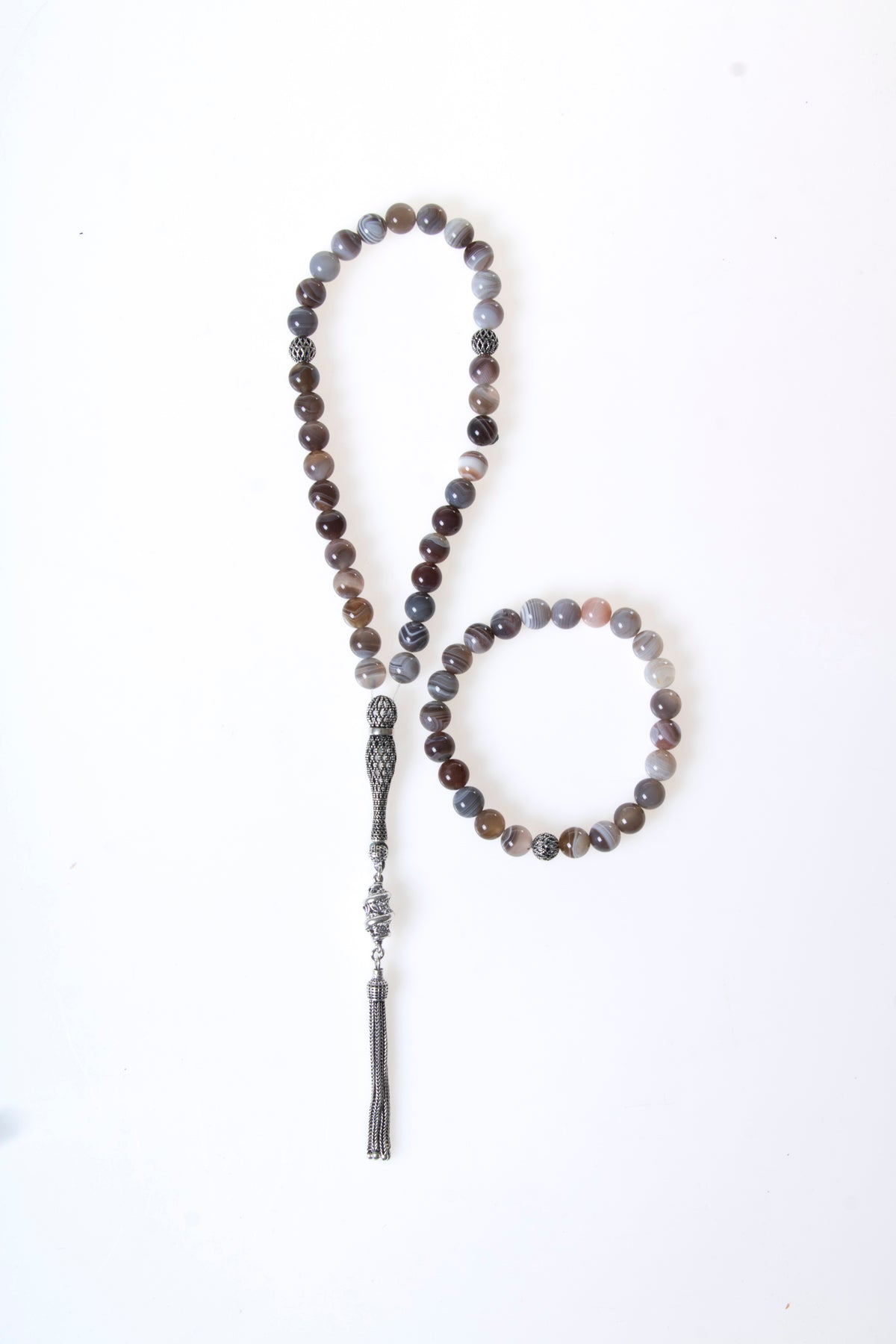 Sertifikalı Bostwana Akik 925 Ayar Gümüş 8 mm İmameli Tesbih & Bileklik Seti