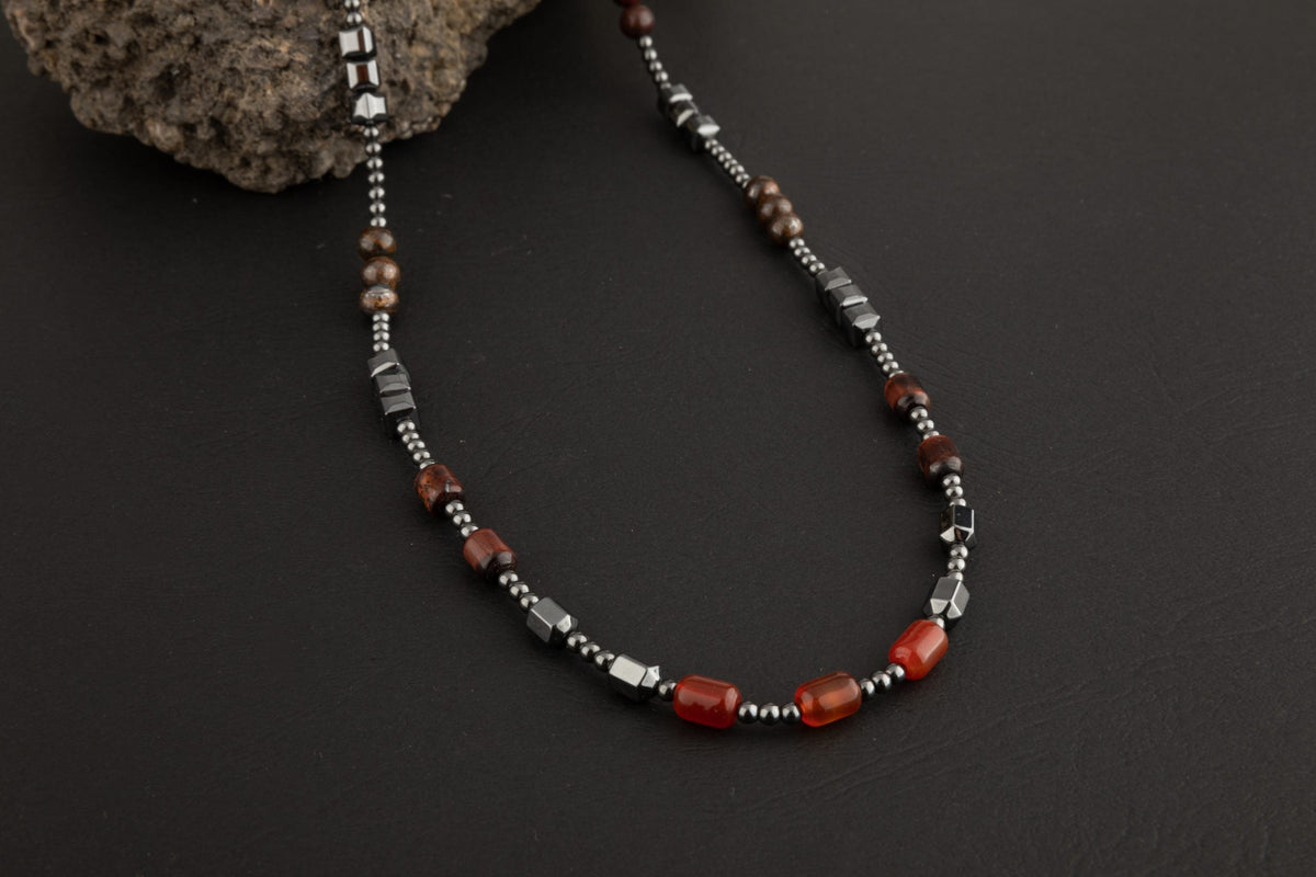 Akik-Kaplan Gözü-Bronzit-Jasper-Kuvars-Lal-Pirit-Obsidyen Doğal Taş Erkek Kolye