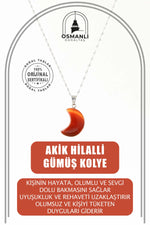 Akik Doğal Taş Hilalli Kolye, Gümüş Zincir