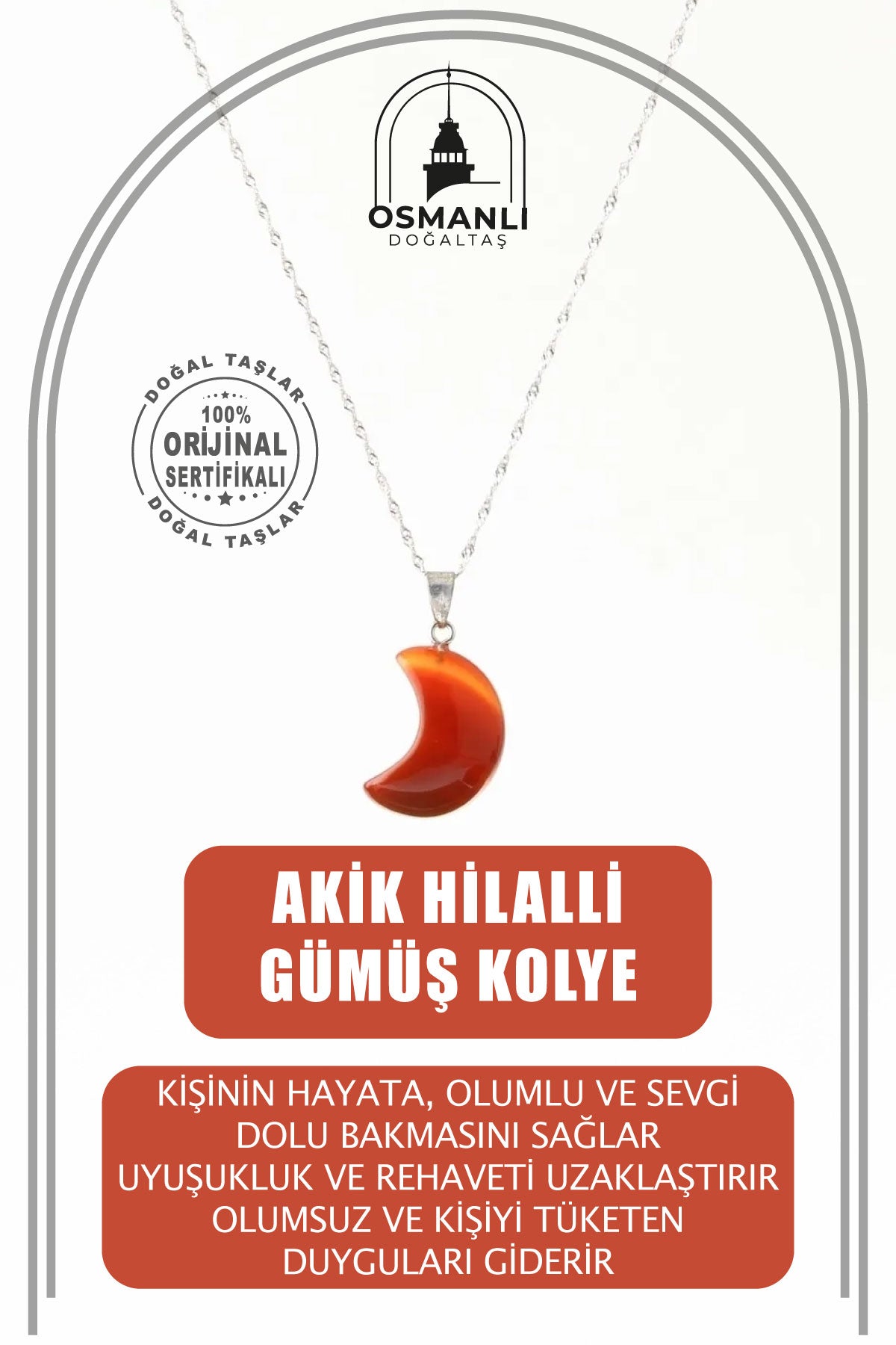 Akik Doğal Taş Hilalli Kolye, Gümüş Zincir
