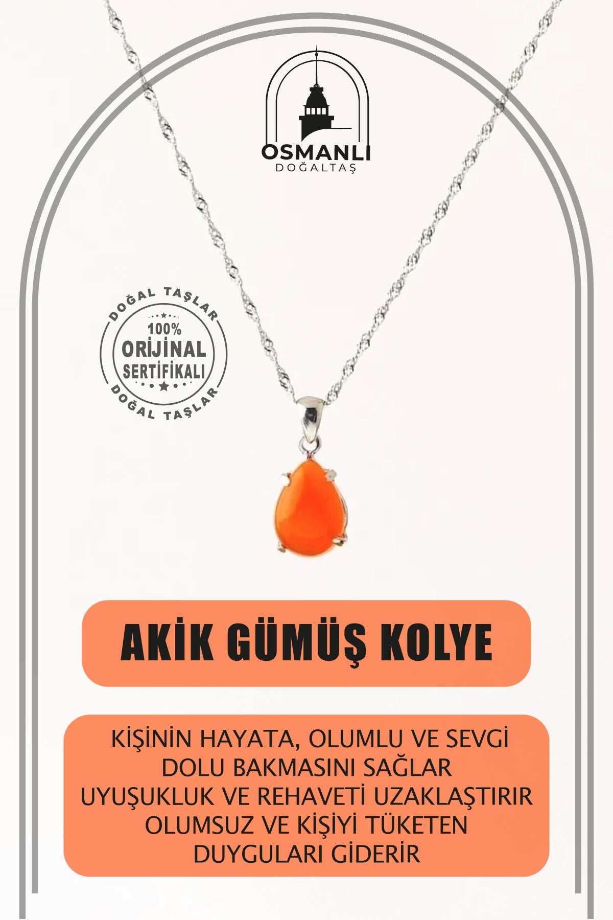 Akik Doğal Taş Kolye, Gümüş Zincir
