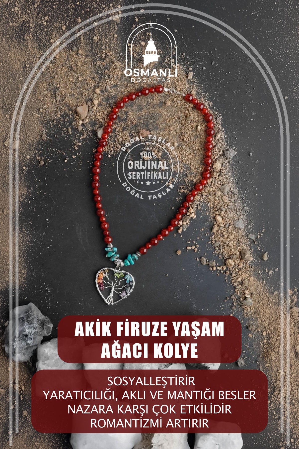 Akik Firuze Yaşam Ağacı Doğal Taş Kolye