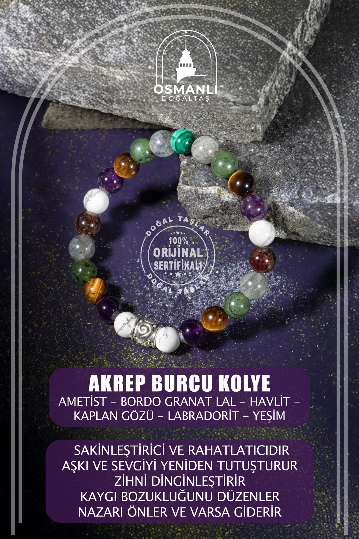 Akrep Burcu Bileklik Ametist, Bordo Granat Lal, Havlit, Kaplan Gözü, Labradorit, Yeşim