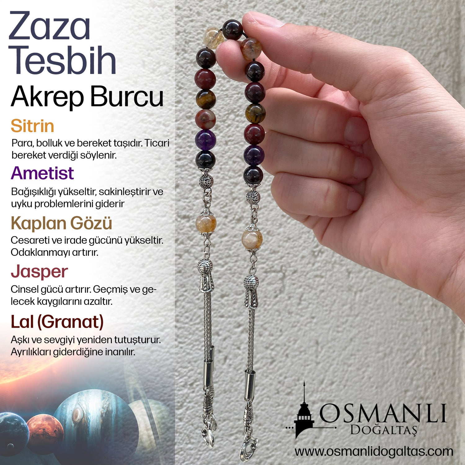 Akrep Burcu Zaza Tesbih Doğal Taş Ametist, Kaplan Gözü, Lal, Sitrin, Jasper
