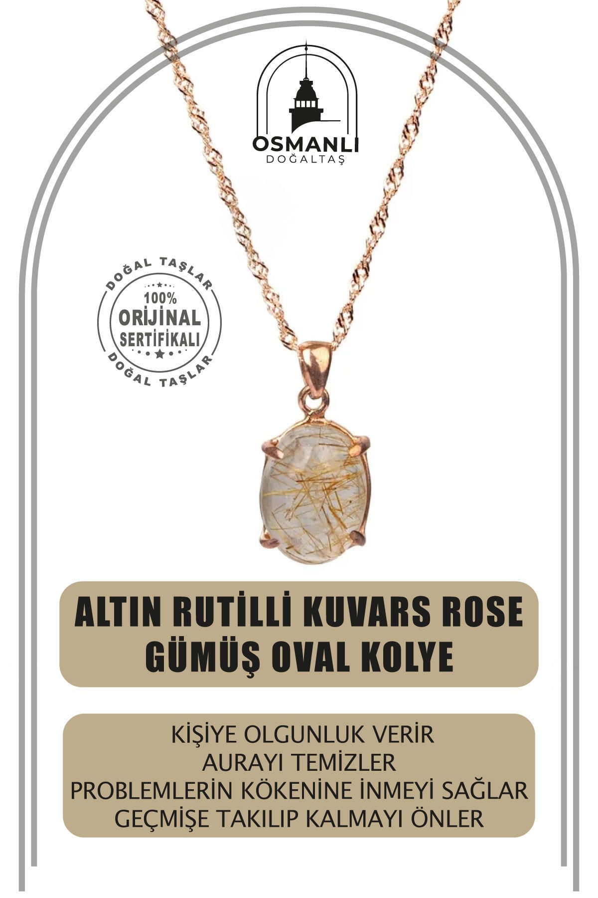 Altın Rutilli Kuvars Doğal Taş Rose Gümüş Oval Kolye