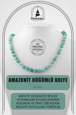 Amazonit 8 mm Düğümlü Doğal Taş Kolye