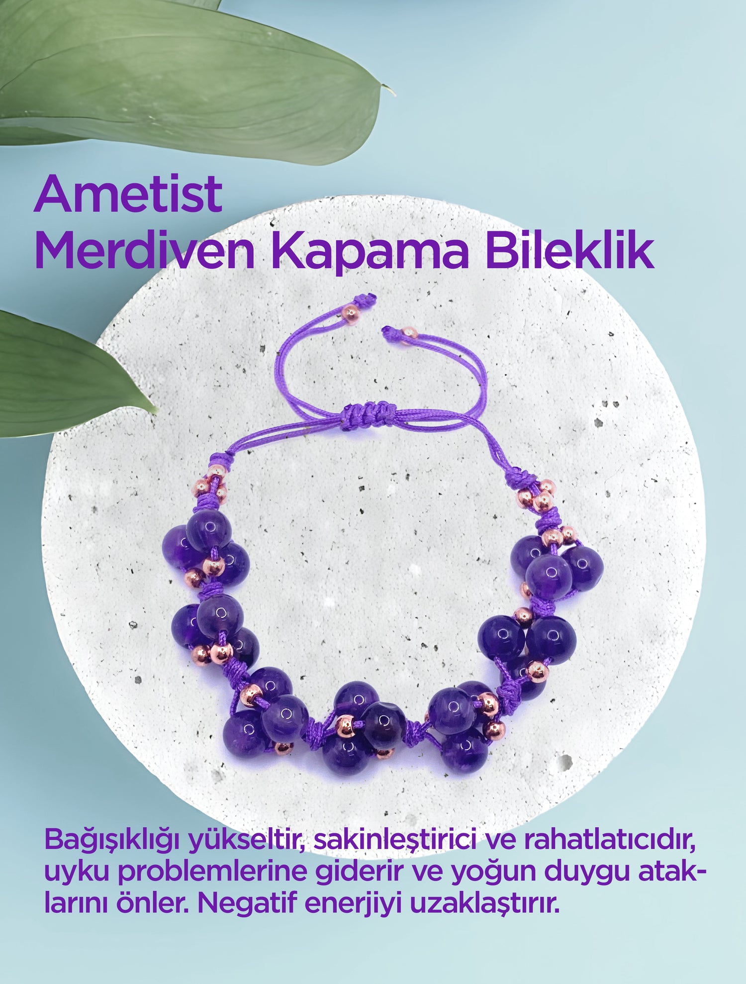 Ametist Doğal Taş Merdiven Kapama İpli Her Bileğe Uygun Bileklik