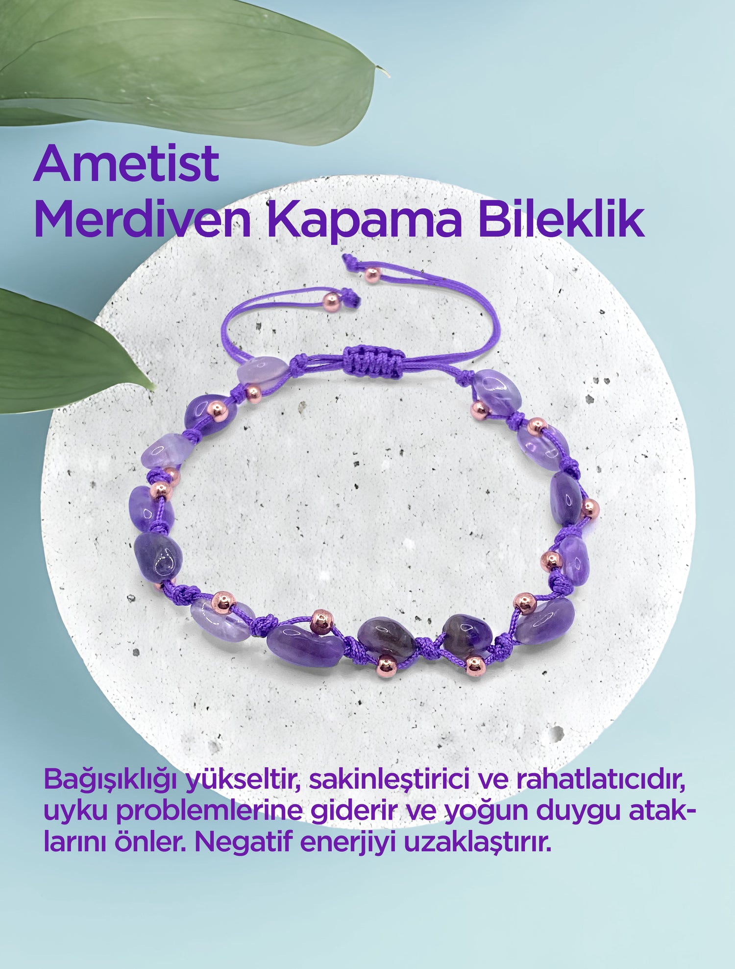 Ametist Doğal Taş Merdiven Kapama Büyük Kesim Naturel İpli Her Bileğe Ayarlanabilir Bileklik
