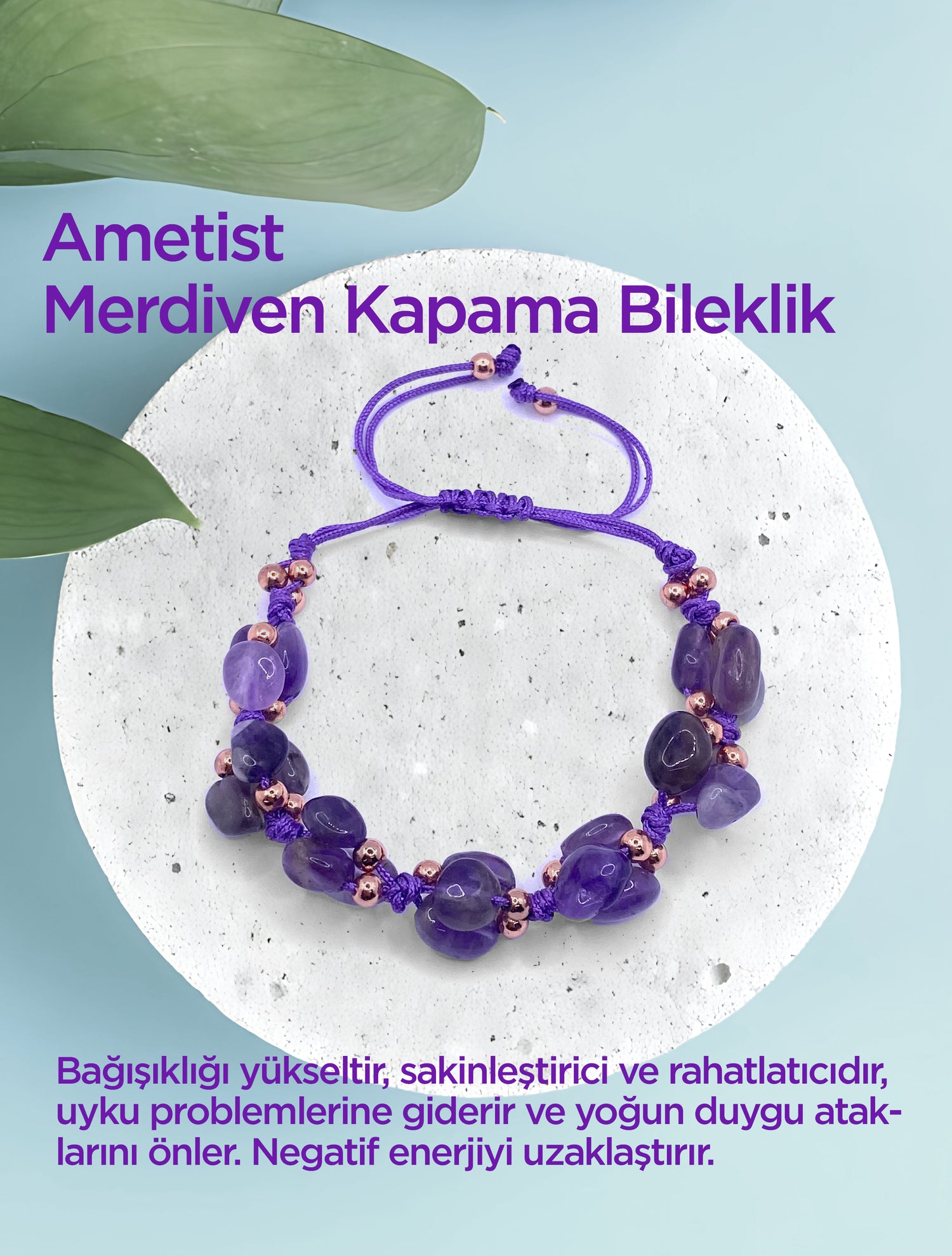 Ametist Doğal Taş Merdiven Kapama Naturel Büyük Kesim Ayarlanabilir Bileklik