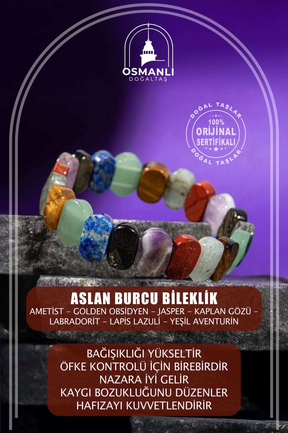 Aslan Burcu Bileklik Ametist, Golden Obsidyen, Jasper, Kaplan Gözü, Labradorit, Lapis Lazuli, Yeşil Aventurin