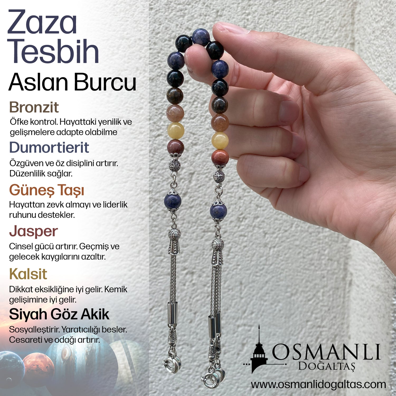 Aslan Burcu Zaza Tesbih Doğal Taş Bronzit, Dumortierit, Güneş Taşı, Jasper, Kalsit, Siyah Göz Akik