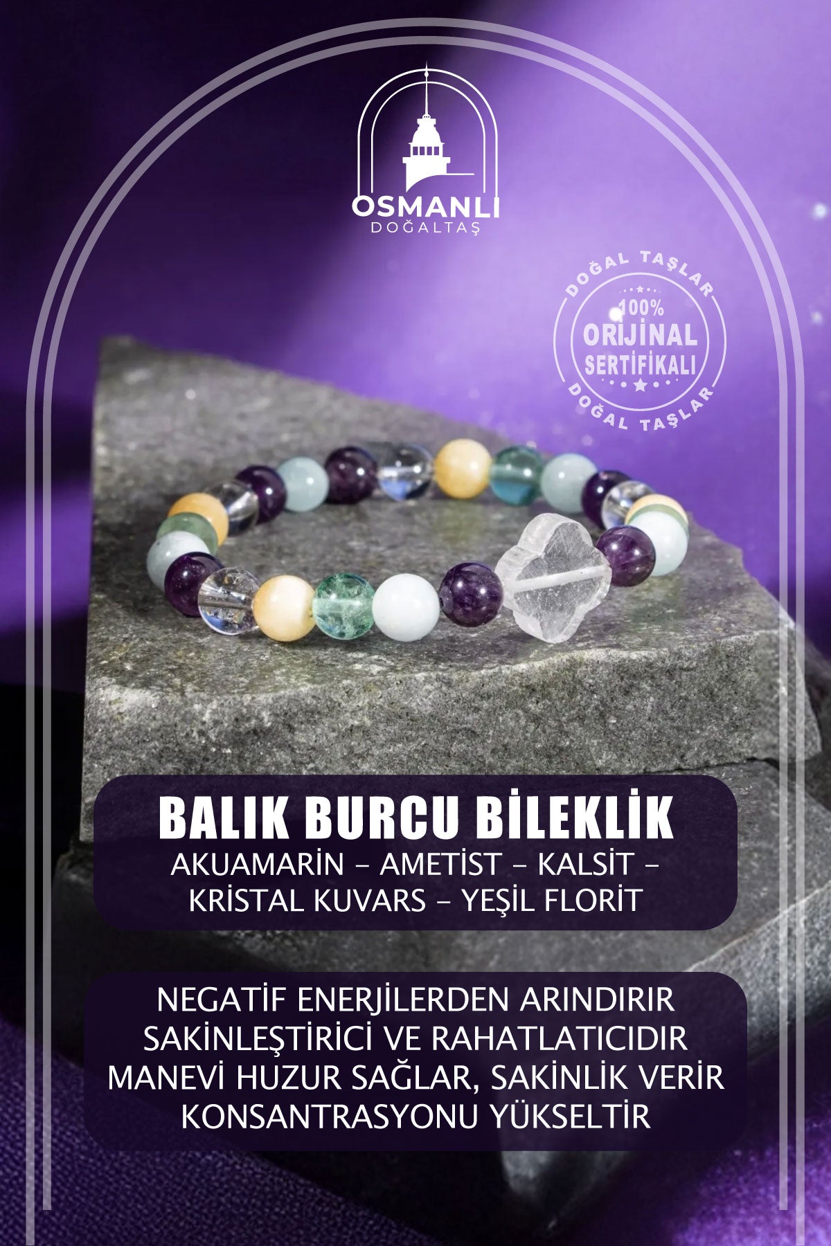 Balık Burcu Bileklik Akuamarin, Ametist, Kalsit, Kristal Kuvars, Yeşil Florit