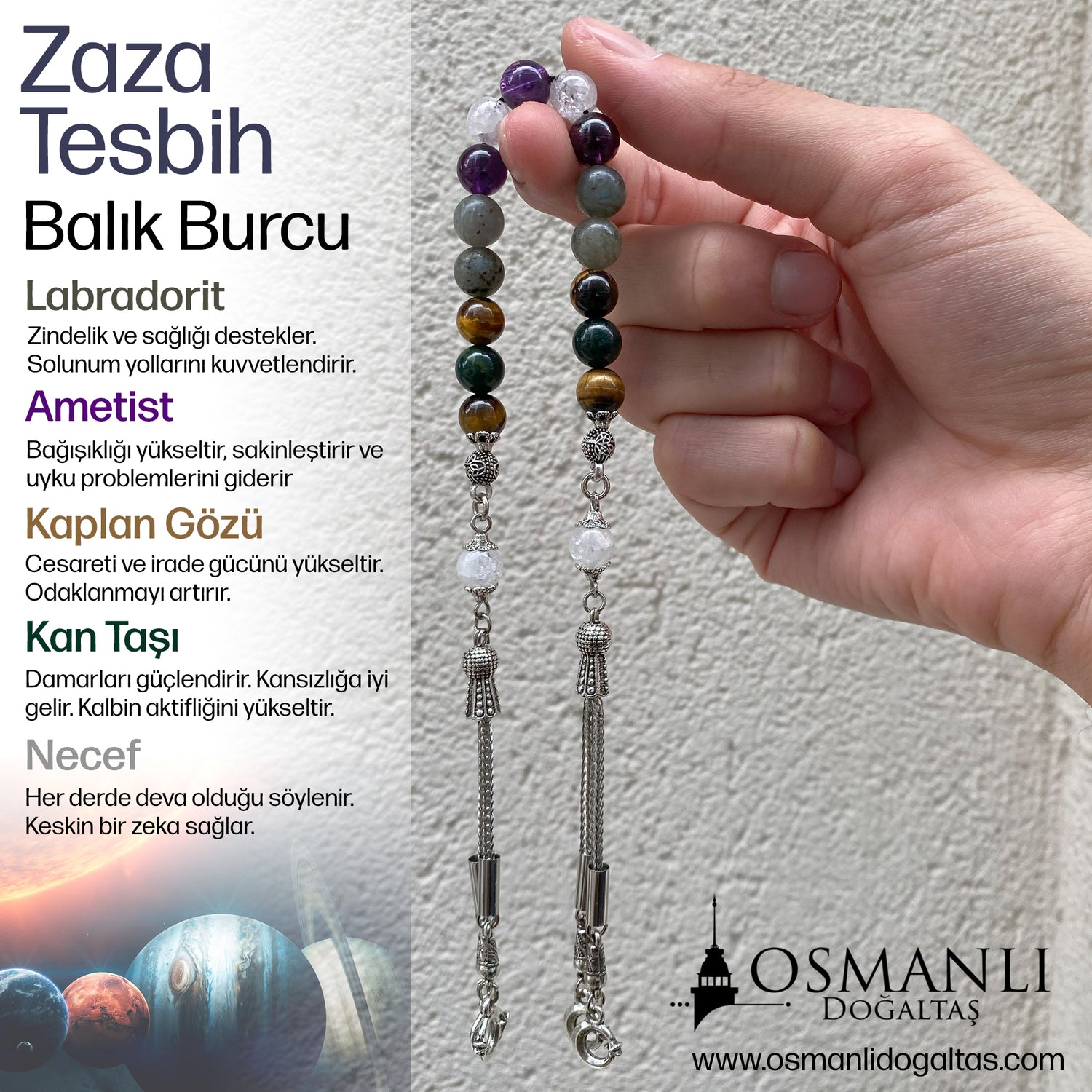 Balık Burcu Zaza Tesbih Doğal Taş Ametist, Kan Taşı, Kaplan Gözü, Labradorit, Necef