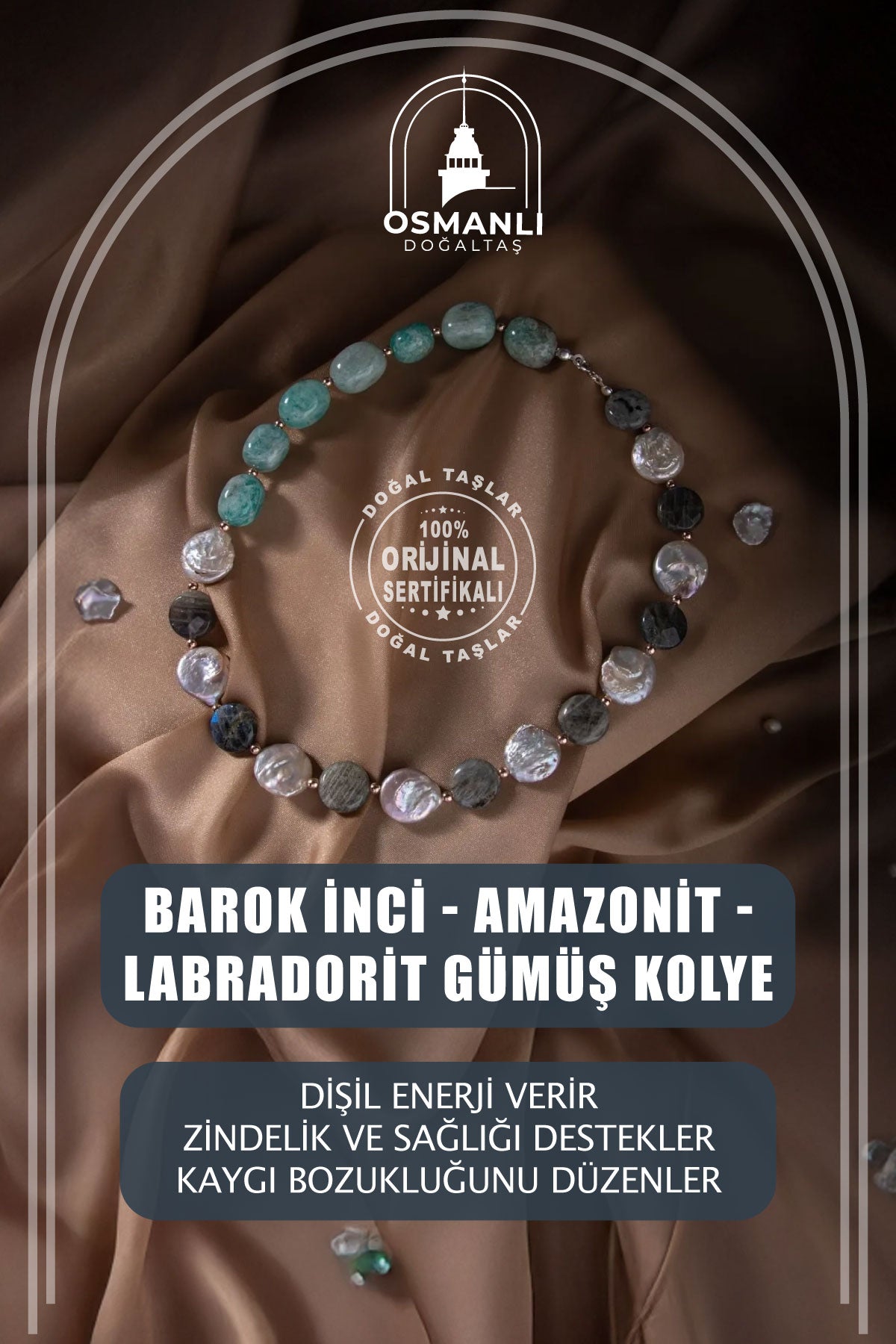 Barok İnci-Amazonit-Labradorit Doğal Taş Gümüş Kolye