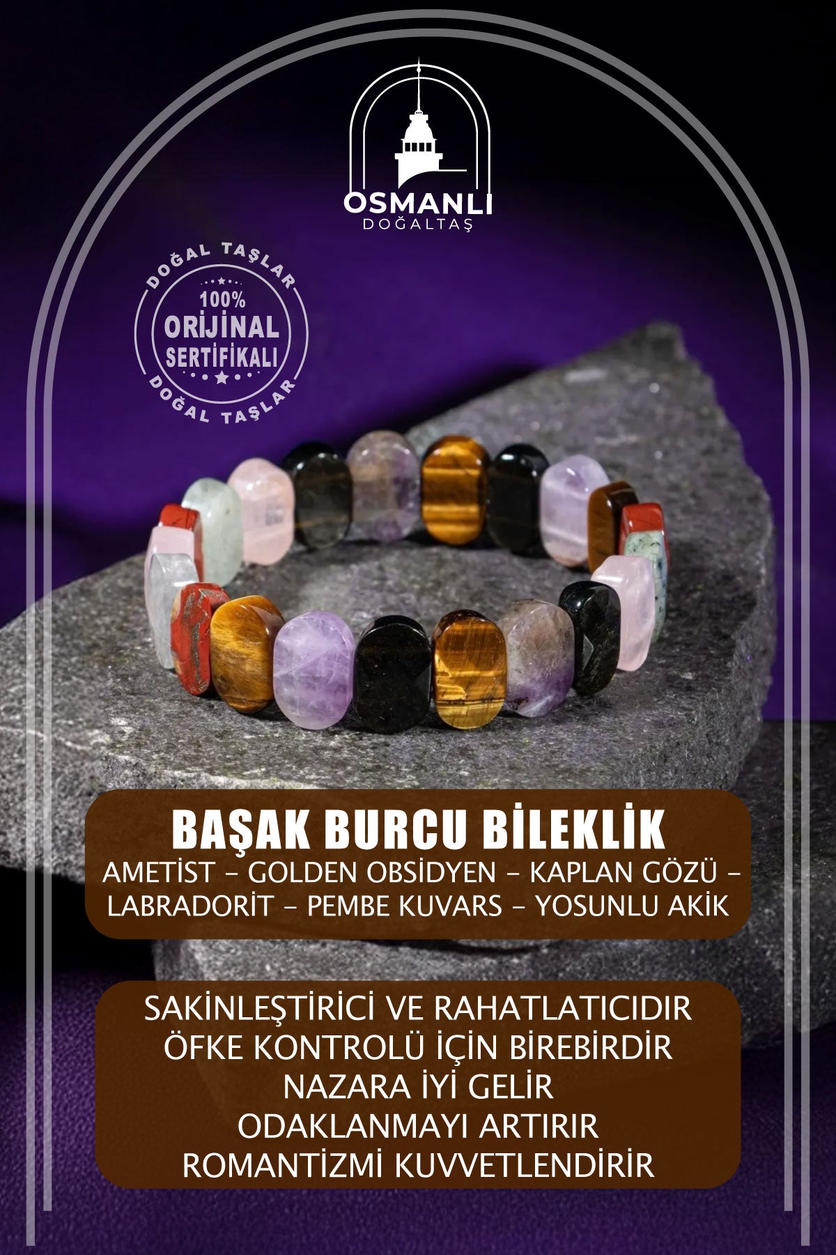 Başak Burcu Bileklik Ametist, Golden Obsidyen, Kaplan Gözü, Labradorit, Pembe Kuvars, Yosunlu Akik