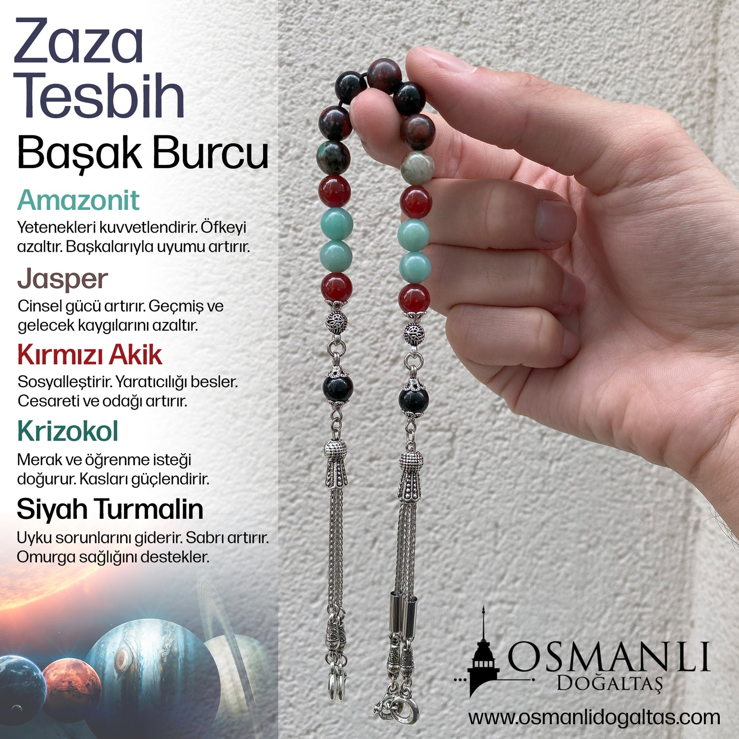 Başak Burcu Zaza Tesbih Doğal Taş Amazonit, Jasper, Kırmızı Akik, Krizokol, Siyah Turmalin
