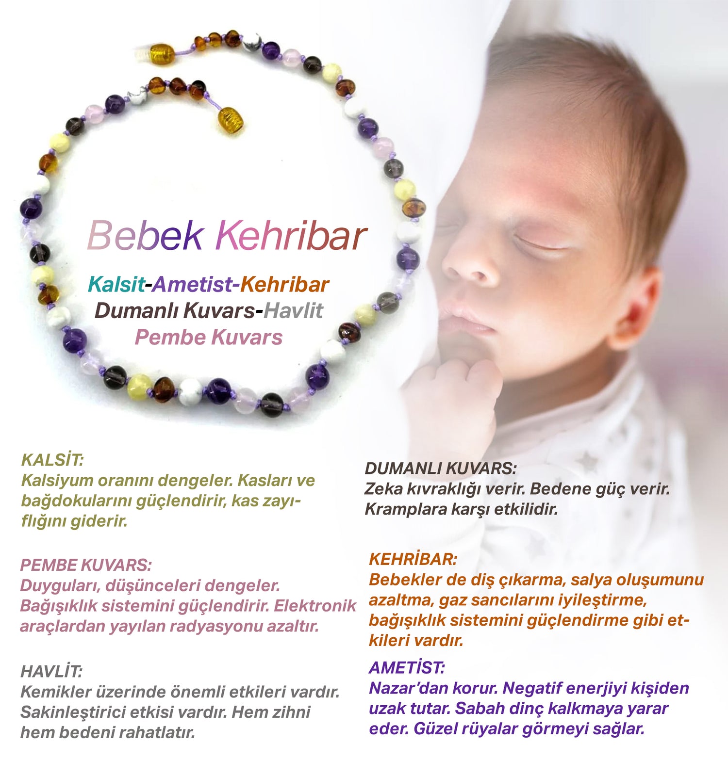 Bebek Kehribar Kalsit-Dumanlı Kuvars-Pembe Kuvars-Kehribar-Havlit-Ametist