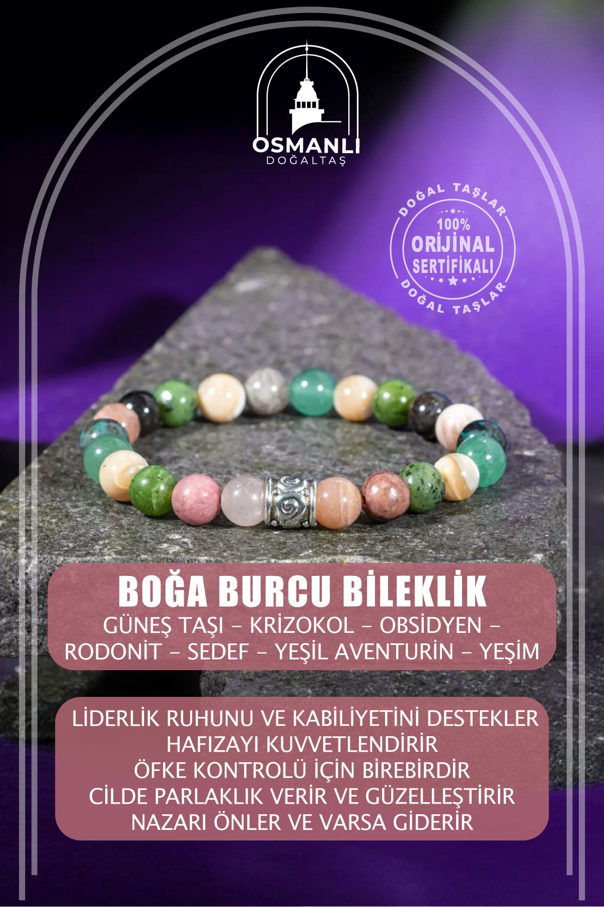 Boğa Burcu Bileklik Güneş Taşı, Krizokol, Obsidyen, Rodonit, Sedef, Yeşil Aventurin, Yeşim