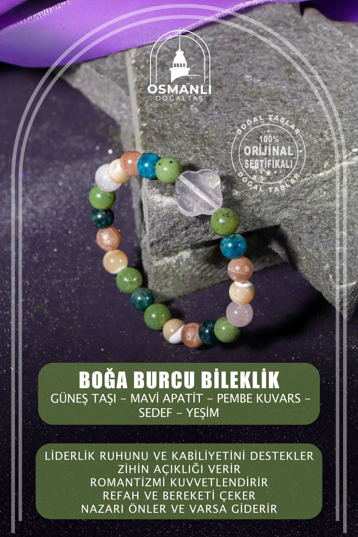Boğa Burcu Bileklik Güneş Taşı, Mavi Apatit, Pembe Kuvars, Sedef, Yeşim