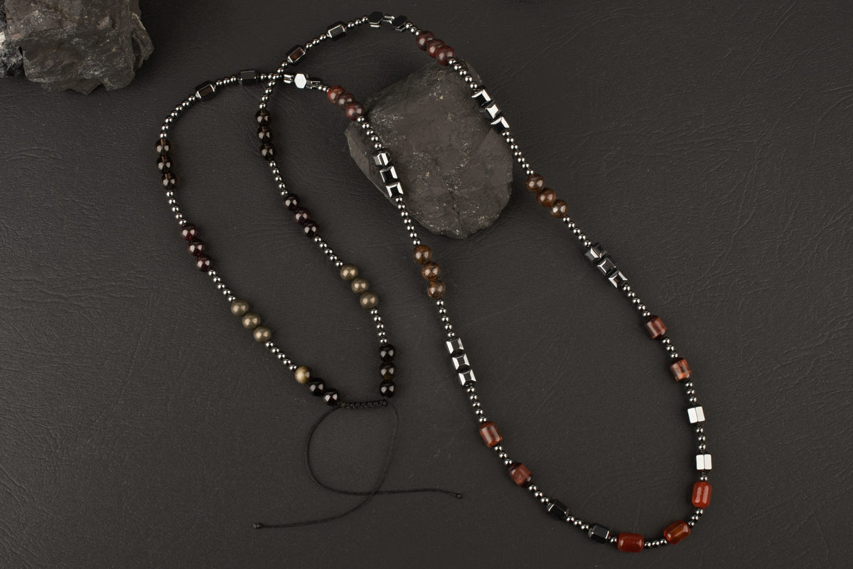 Akik-Kaplan Gözü-Bronzit-Jasper-Kuvars-Lal-Pirit-Obsidyen Doğal Taş Erkek Kolye