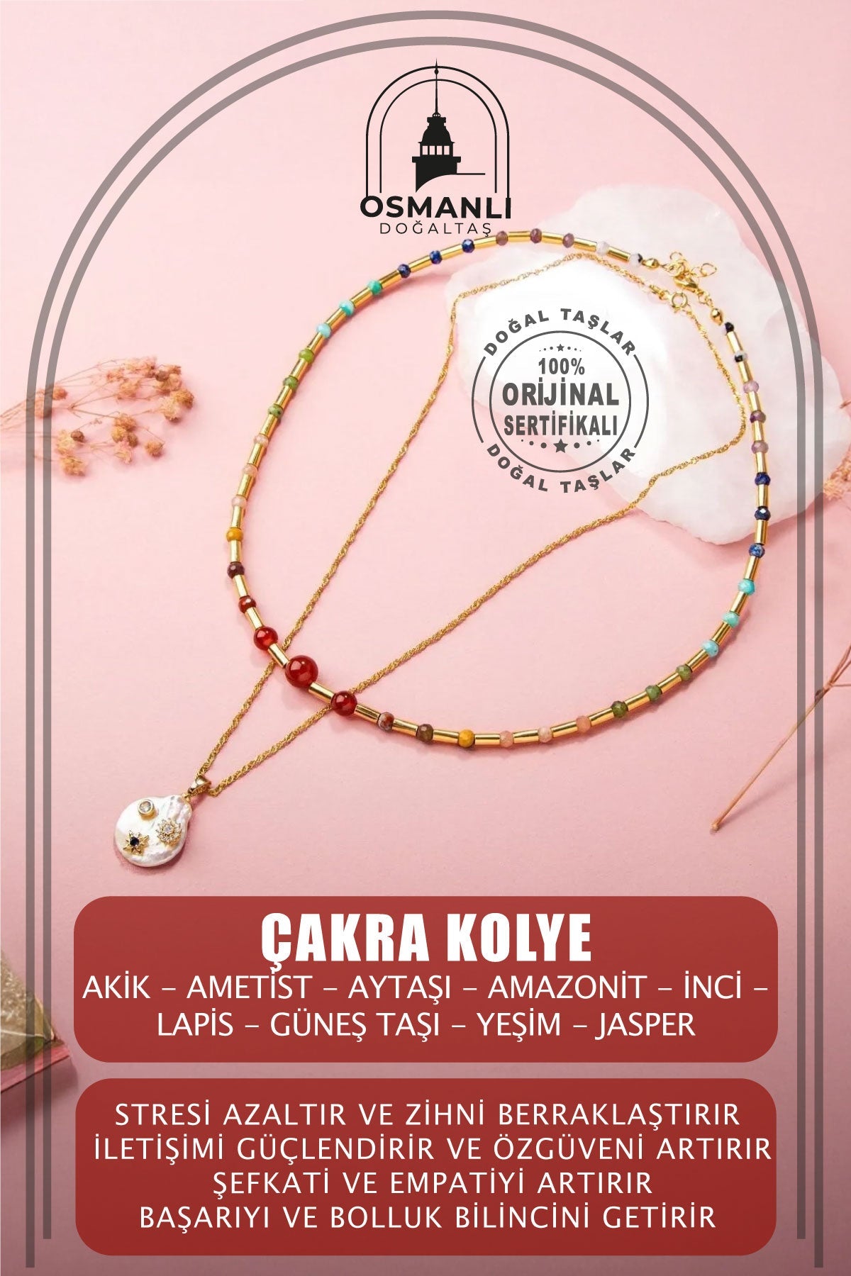 Çakra-İnci Doğal Taş Kolye Seti-Ay Taşı-Ametist-Lapis-Amazonit-Yeşim-Güneş Taşı-Jasper-Akik
