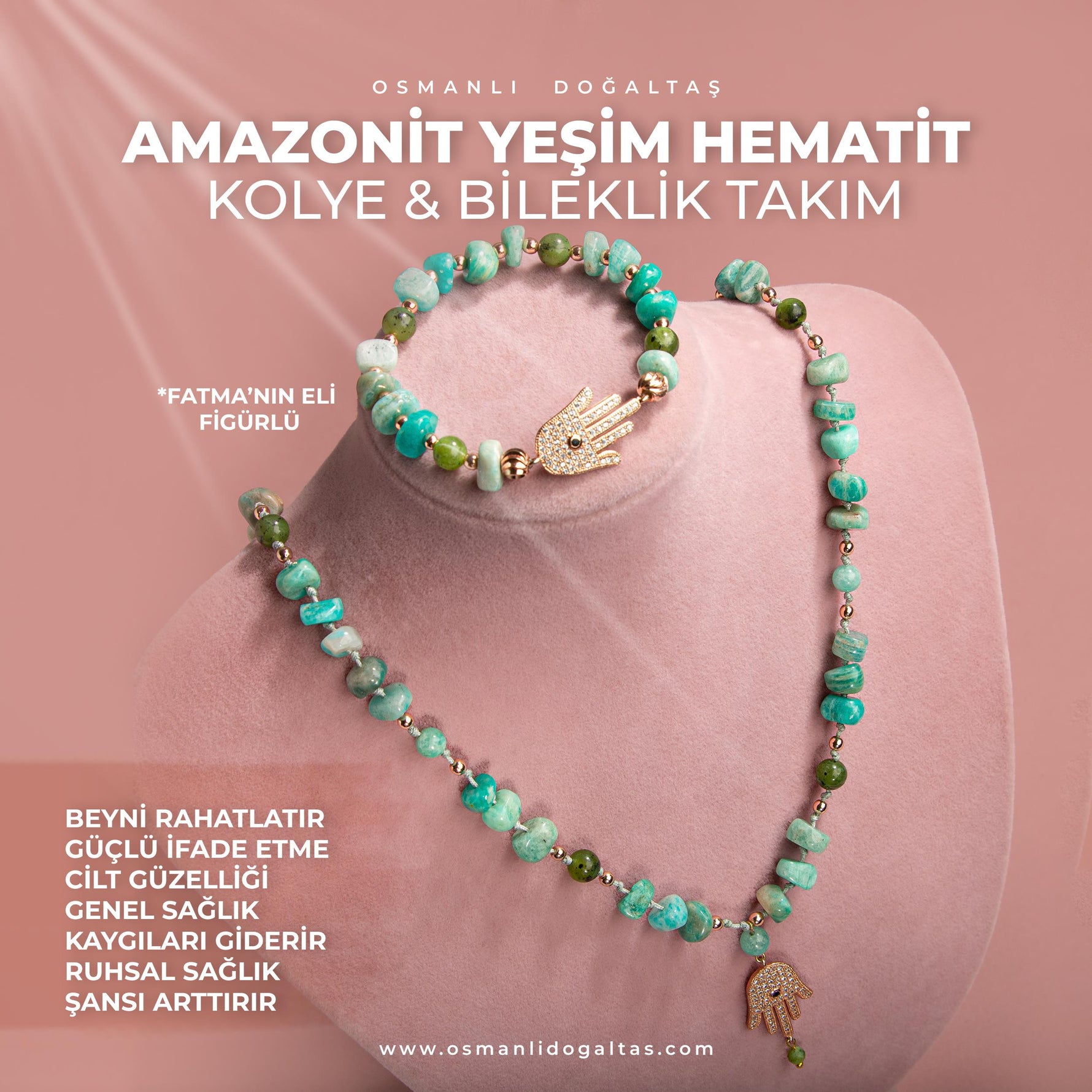 Amazonit-Yeşim-Hematit Doğal Taş Gümüş Fatıma Eli Kolye Bileklik Seti- 54cm