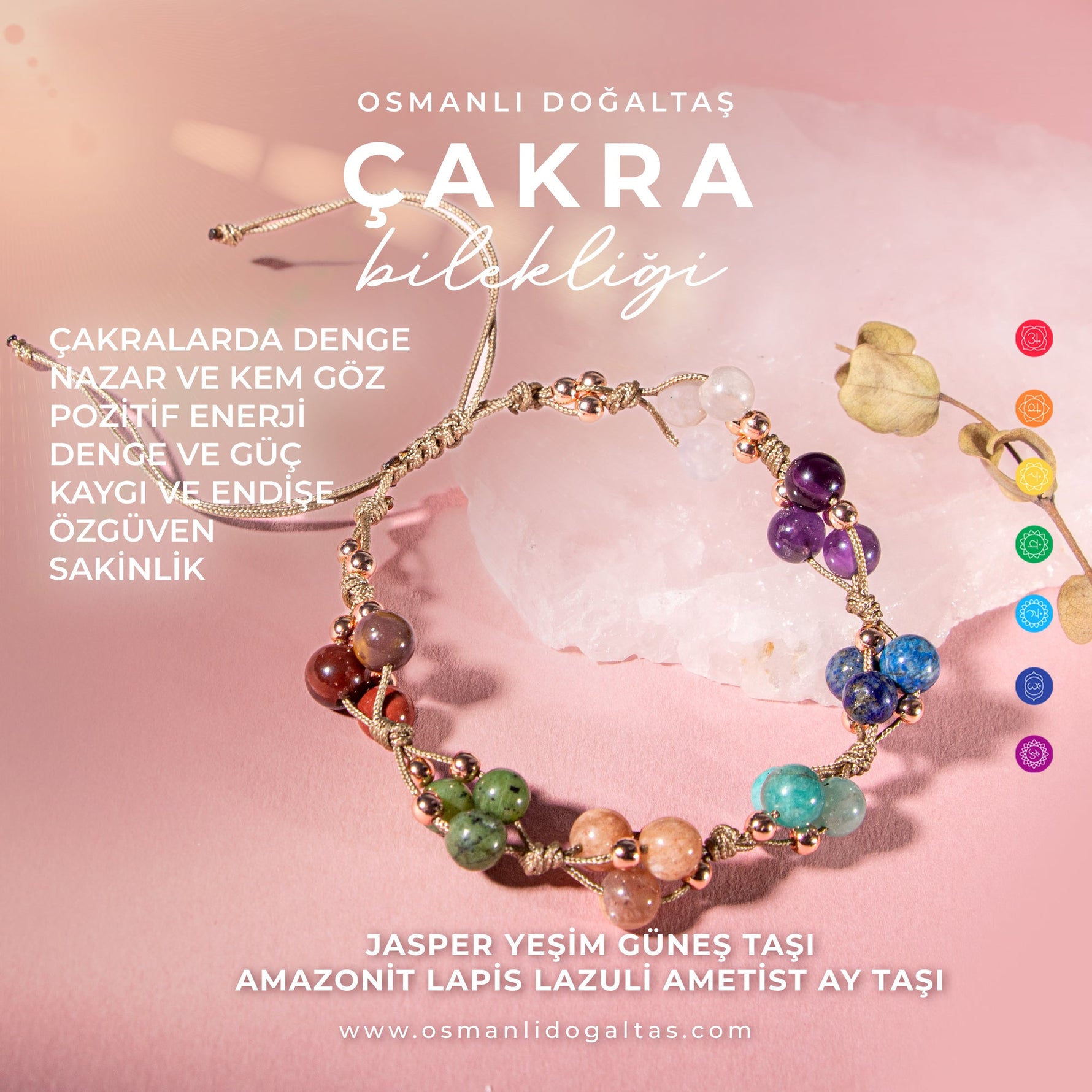 Çakra Bileklik BL-1294 Amazonit, Ametist, Ay Taşı, Güneş Taşı, Jasper, Lapis