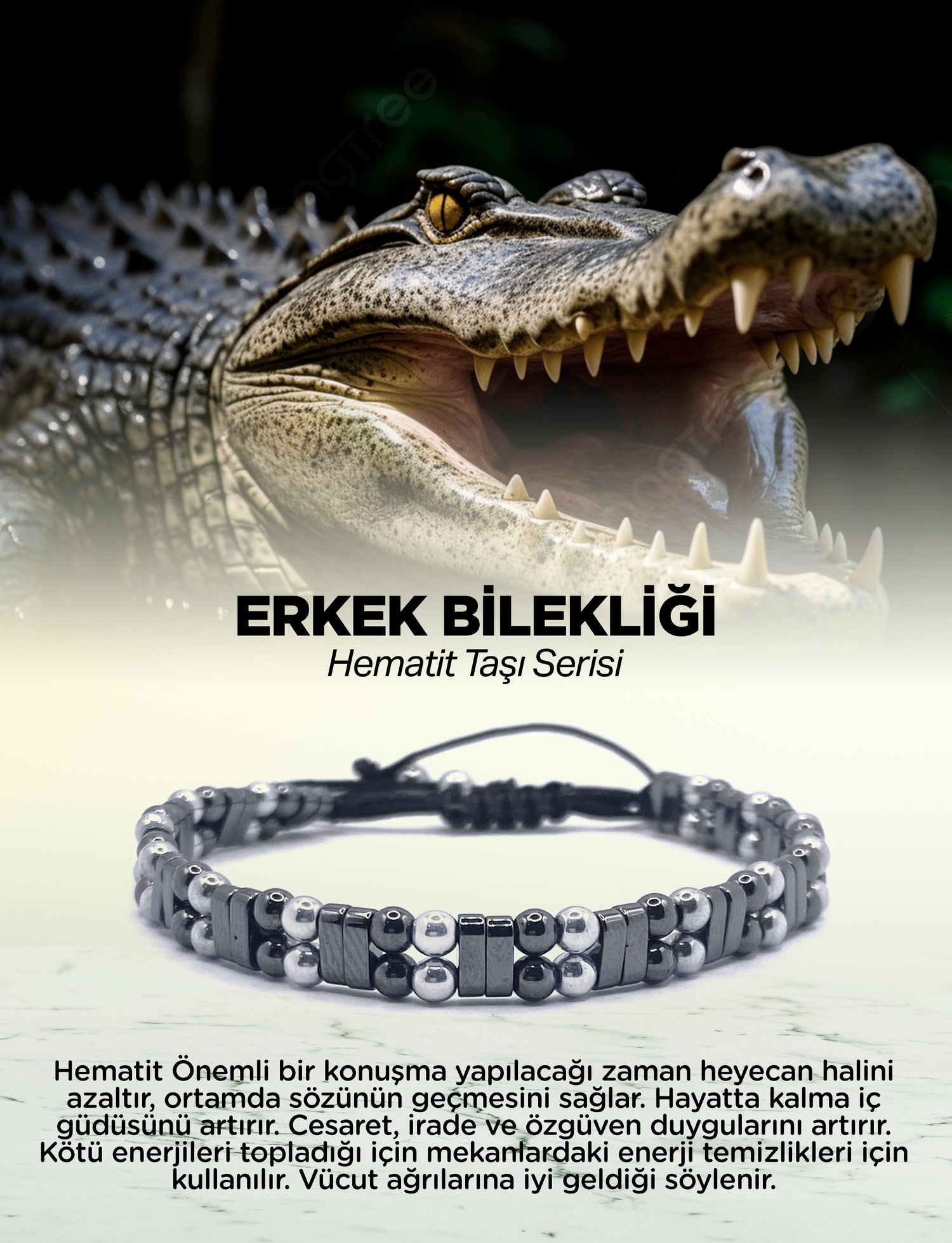 Erkek Bilekliği Hematit Doğal Taş Model 3 Orijinal Hakiki Sertifikalı Bileklik