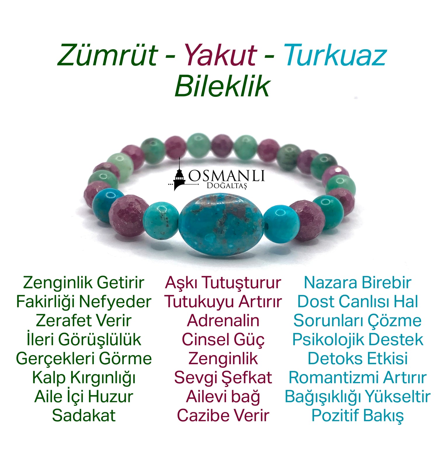 Hakiki Doğal Sertifikalı Zümrüt - Yakut - Turkuaz (Firuze) Doğal Taş Misinalı Bileklik Fasetli 6mm