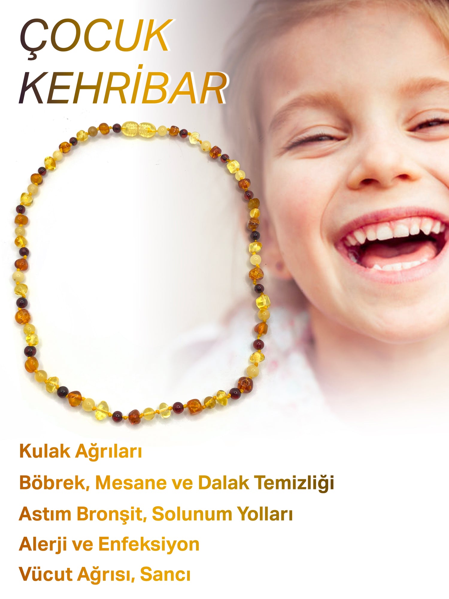 Hakiki Sertifikalı Çocuk Kehribar İpli Kopmaz Kolye 4-6 Yaş Kırmızı Turuncu Sarı Kehribar Doğal Taş