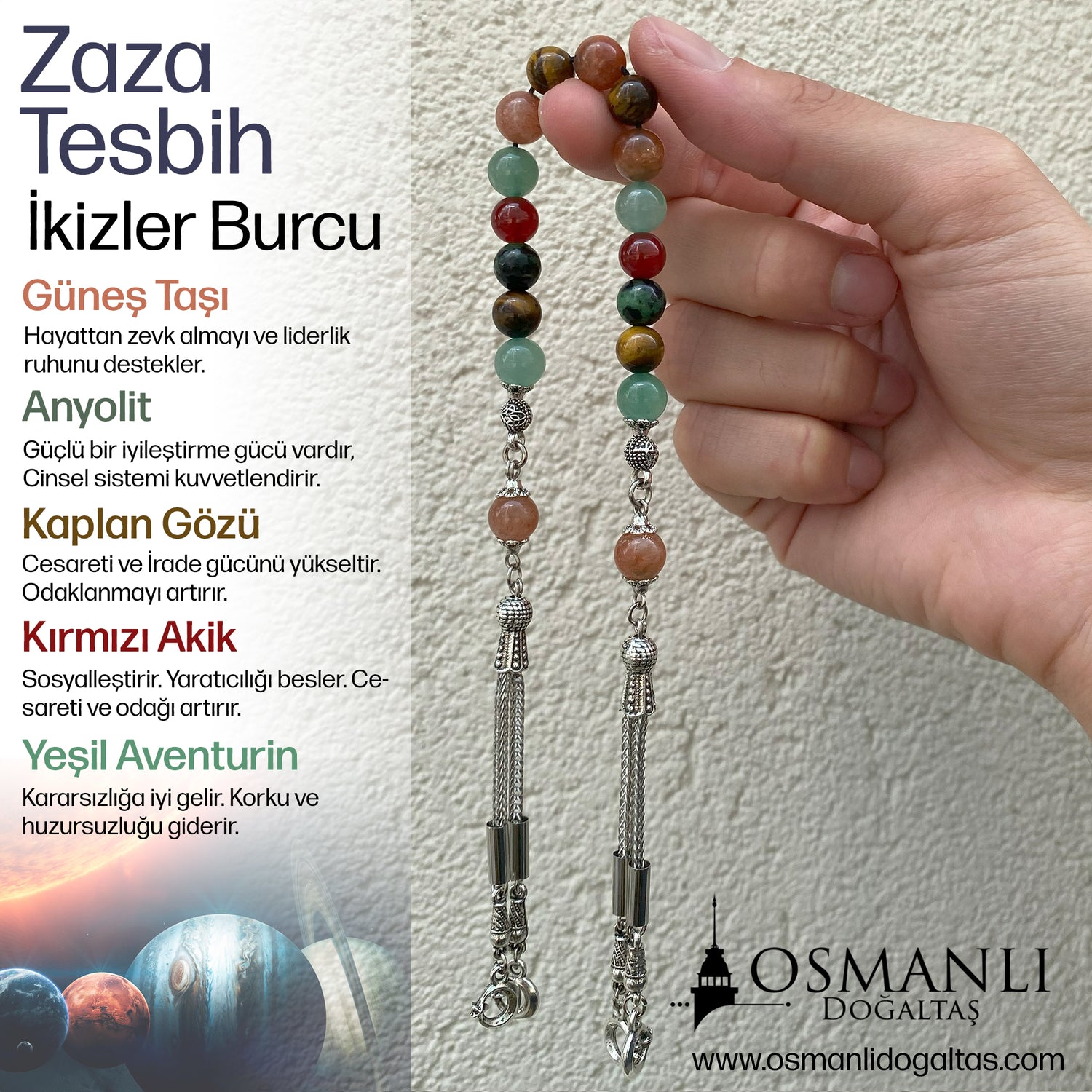 İkizler Burcu Zaza Tesbih Anyolit, Güneş Taşı, Kaplan Gözü, Kırmızı Akik, Yeşil Aventurin