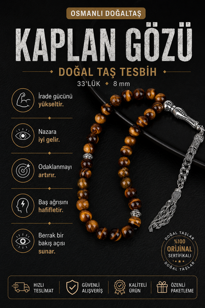 Kaplan Gözü Doğal Taş Tesbih 33lük - 8mm