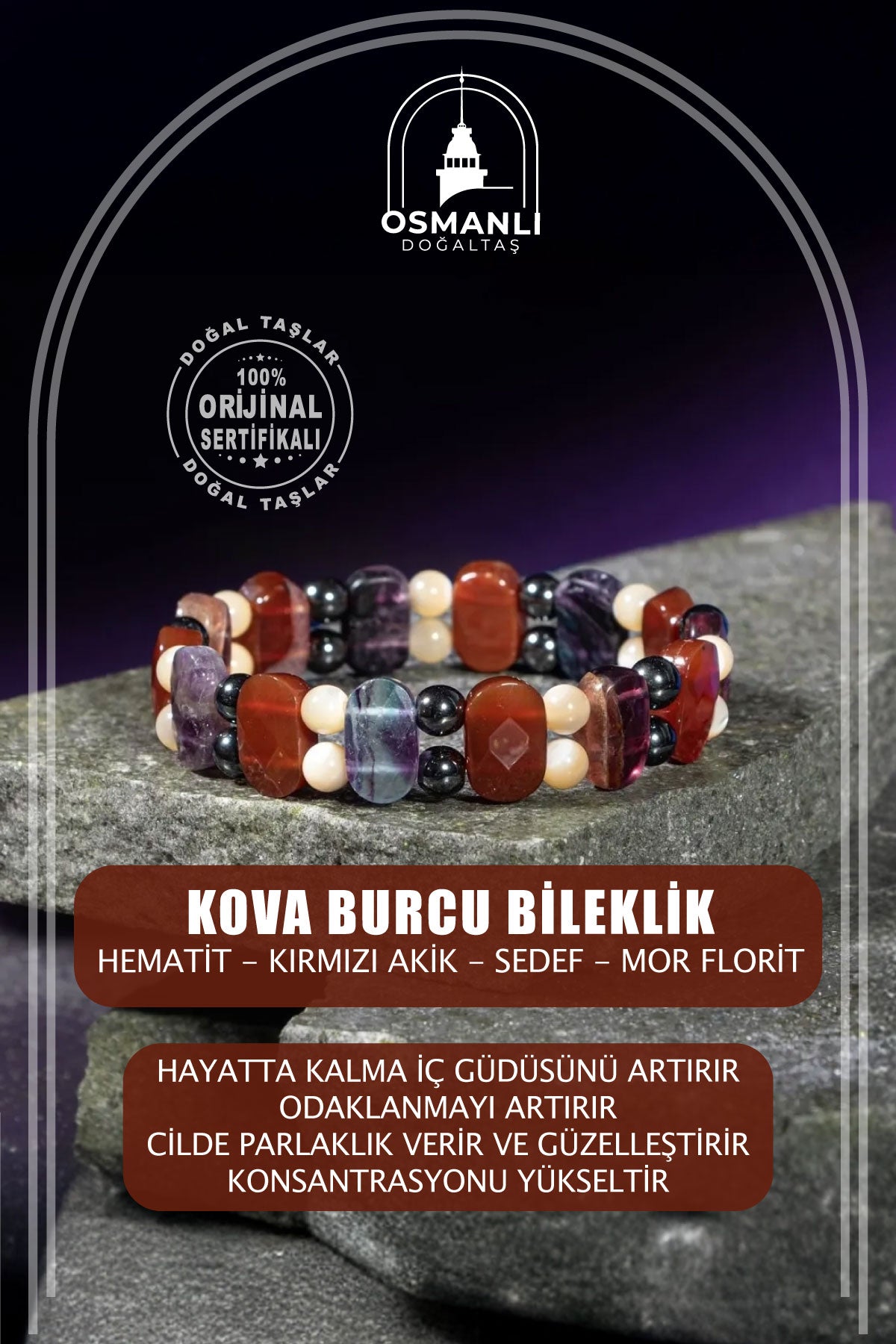 Kova Burcu Bileklik Hematit, Kırmızı Akik, Sedef, Mor Florit
