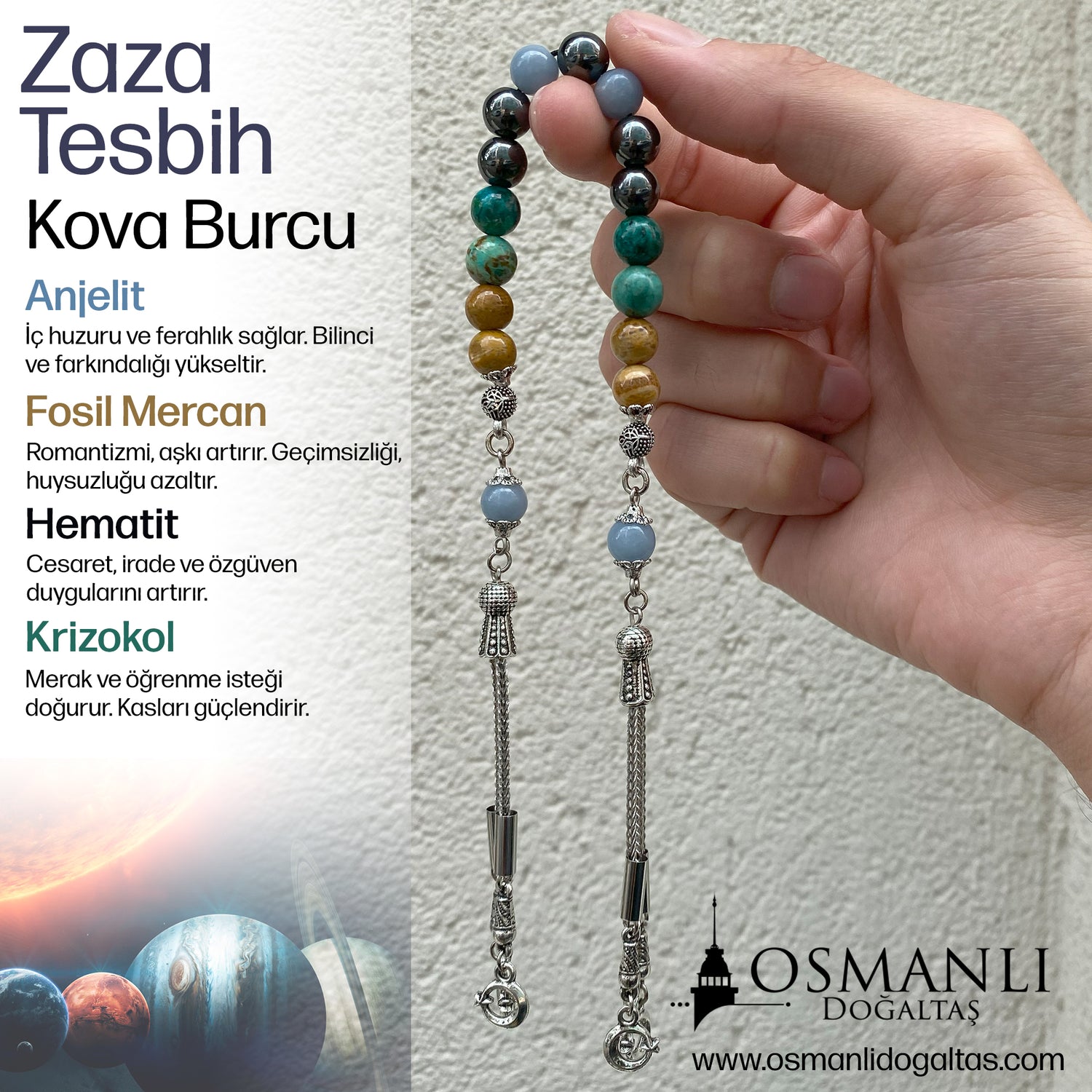 Kova Burcu Zaza Tesbih Doğal Taş Anjelit, Fosil Mercan, Hematit, Krizokol