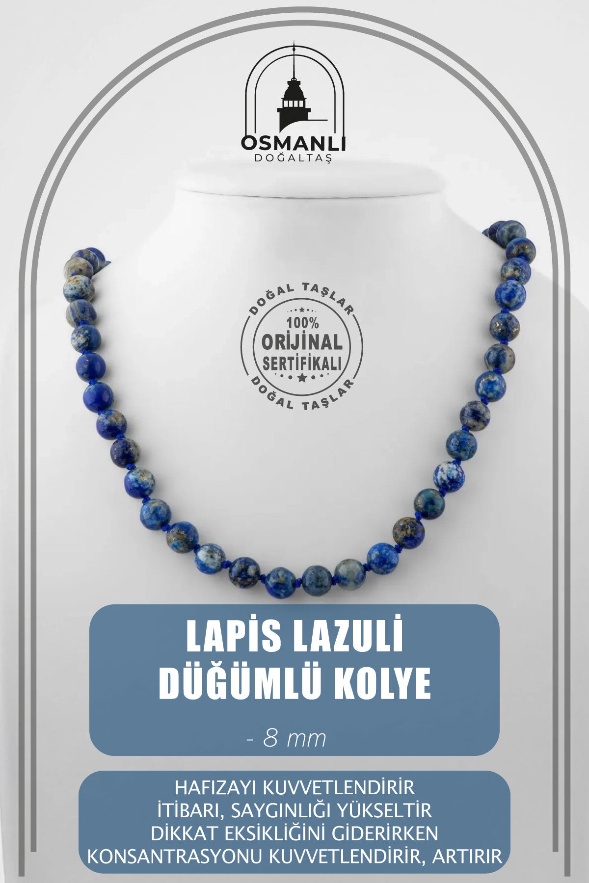 Lapis Lazuli 8 mm Düğümlü Doğal Taş Kolye