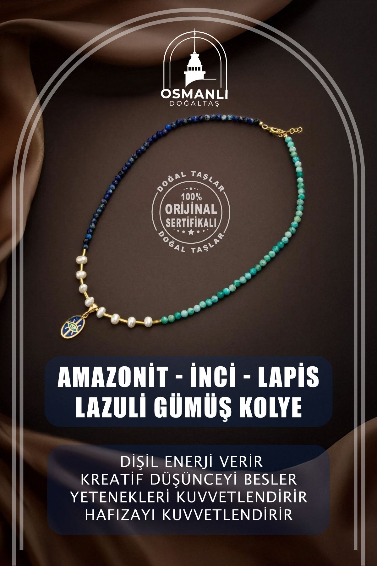 Mozaik Lapis Lazuli Taşlı-Amazonit-İnci Doğal Taş Gümüş Tasarım Kolye - 54cm