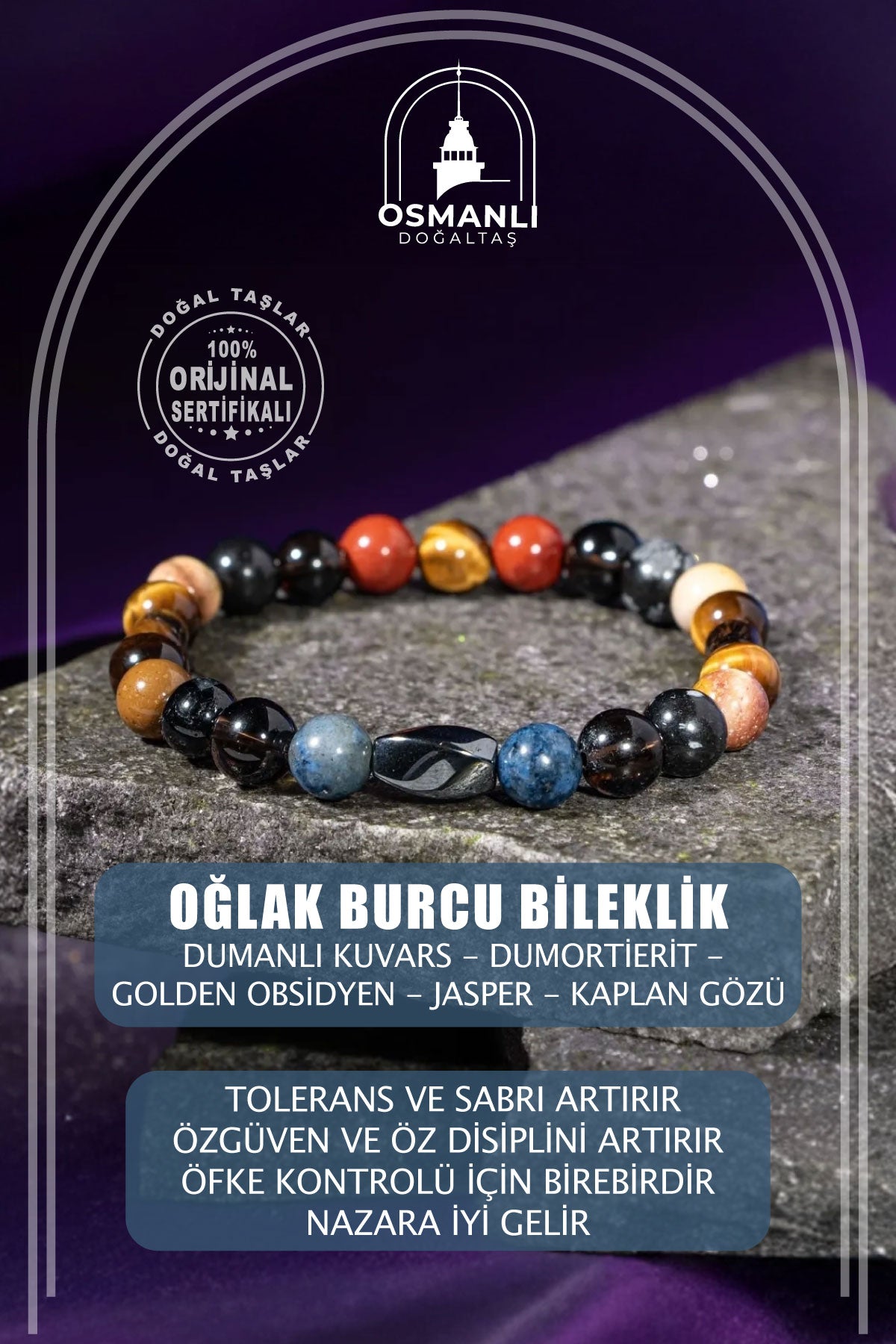 Oğlak Burcu Bileklik Dumanlı Kuvars, Dumortierit, Golden Obsidyen, Jasper, Kaplan Gözü
