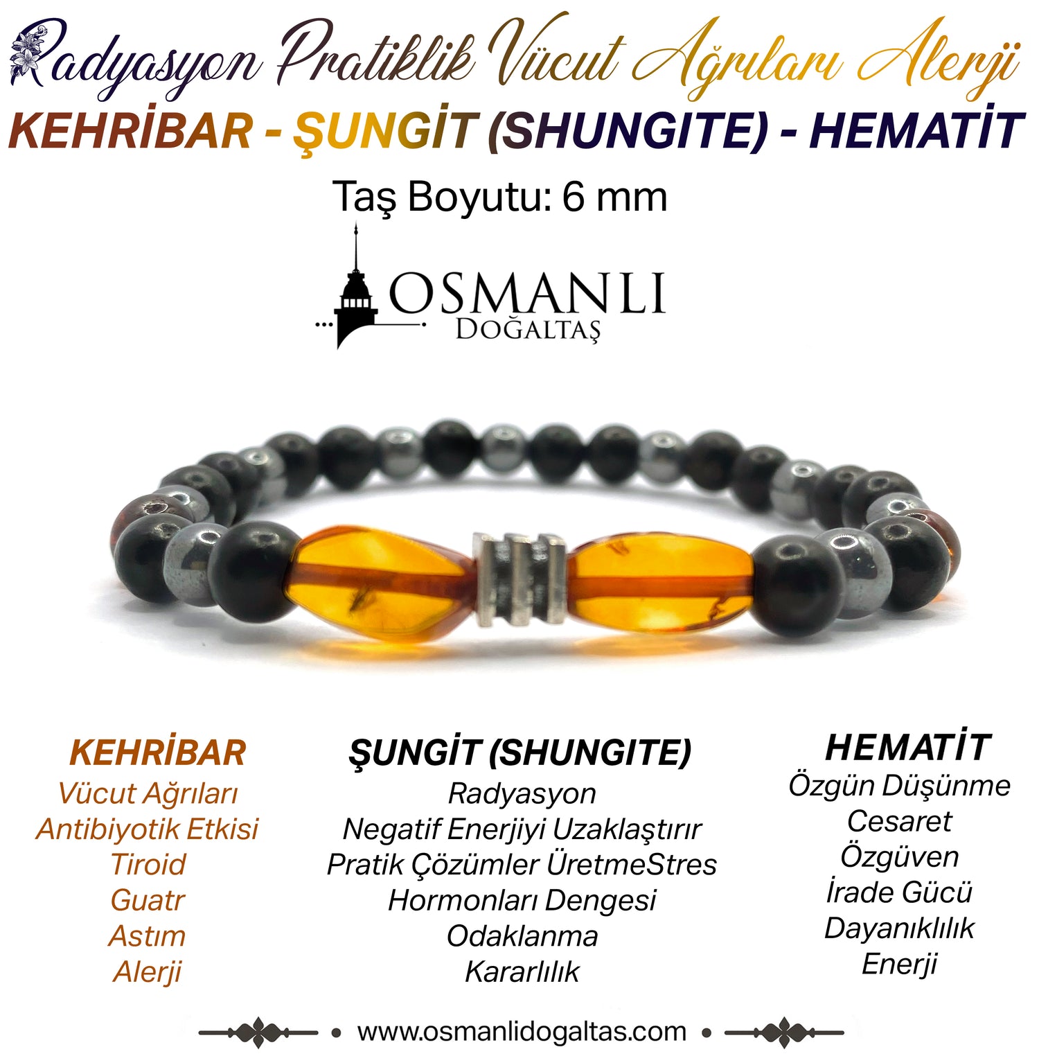 Orijinal Hakiki Kehribar - Shungite (Şungit) - Hematit Doğal Taş Misinalı Bileklik 6mm