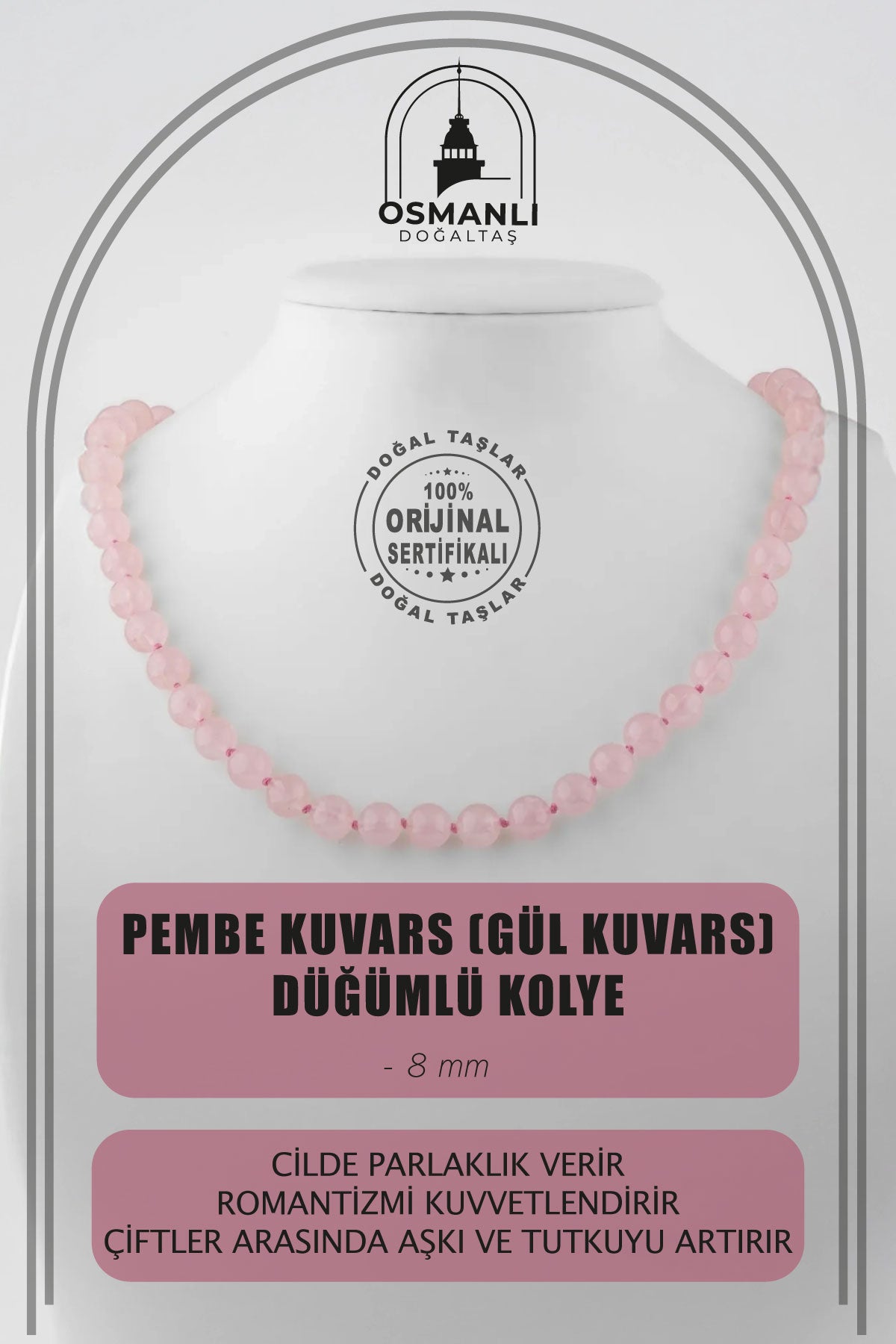 Pembe Kuvars (Gül Kuvars) 8 mm Düğümlü Doğal Taş Kolye