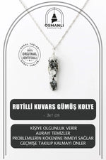 Rutilli Kuvars Doğal Taş Kolye Ucu 3x1 cm, Gümüş Zincir