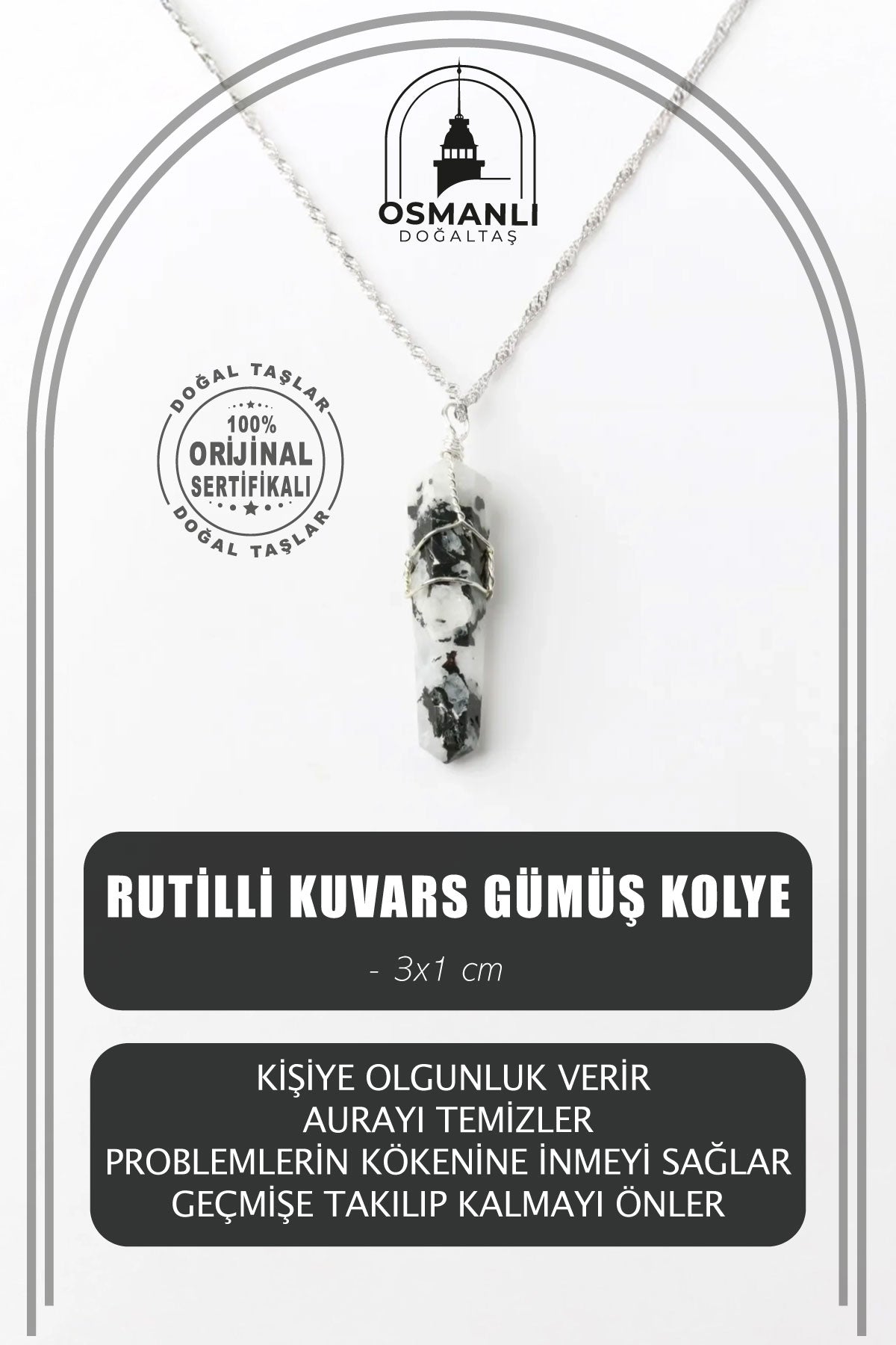 Rutilli Kuvars Doğal Taş Kolye Ucu 3x1 cm, Gümüş Zincir