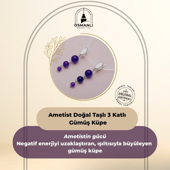 Sertifikalı Ametist Doğal Taşlı 3 Katlı Sallantılı Tasarım Gümüş Küpe
