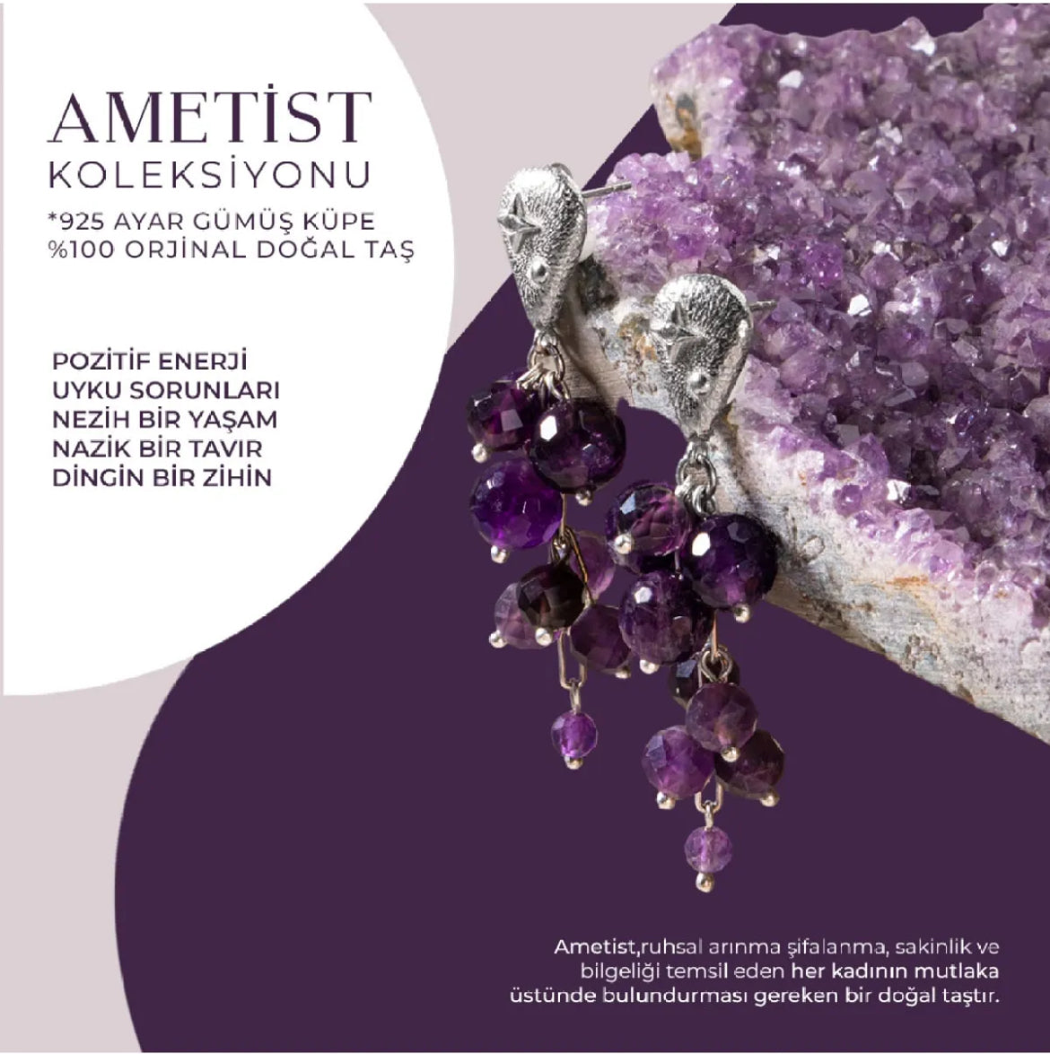 Sertifikalı Ametist Doğal Taşlı El Işçiliği Salkım Tasarım Gümüş Küpe