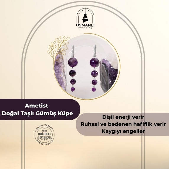 Sertifikalı Ametist Doğal Taşlı Sallantılı Tasarım Gümüş Küpe