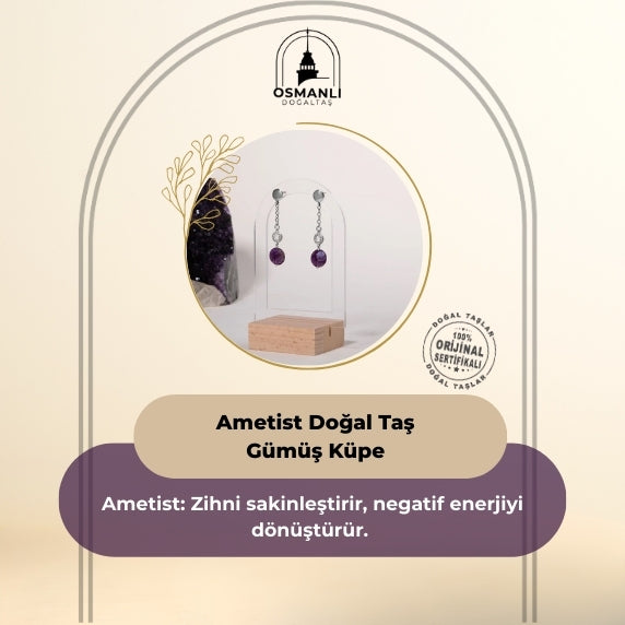 Sertifikalı Ametist Doğal Taşlı Tasarım Sallantılı Gümüş Küpe