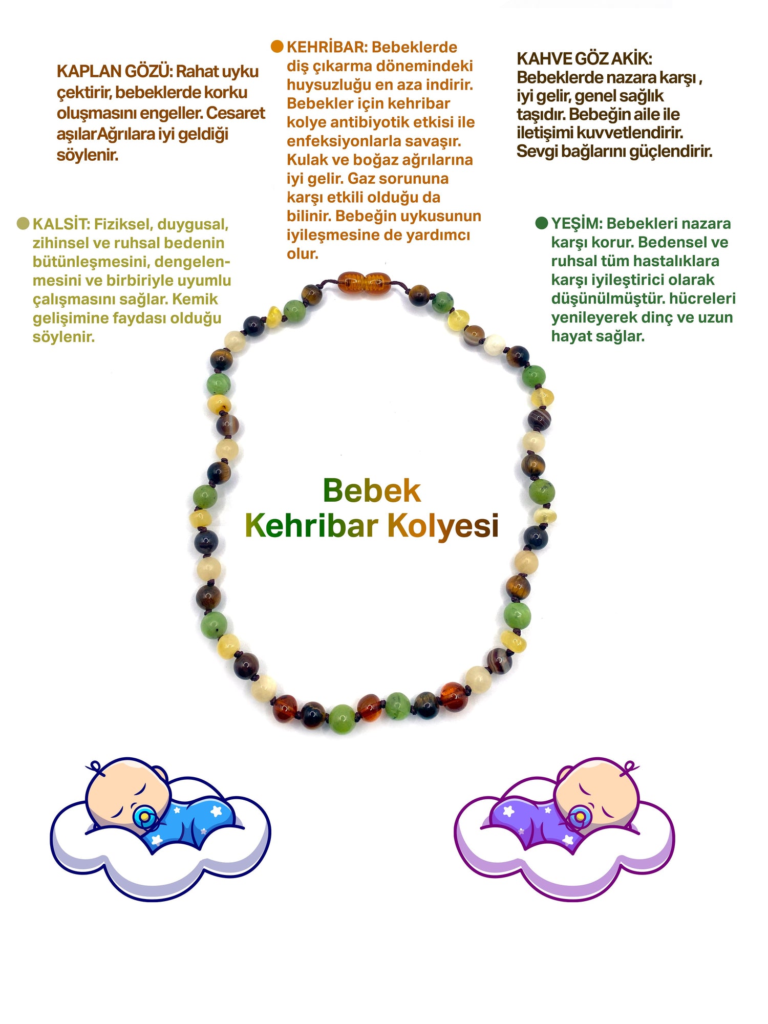 Sertifikalı Bebek Kehribar Kolye Kehribar - Yeşim - Kaplan Gözü - Kahve Göz Akik- Kalsit