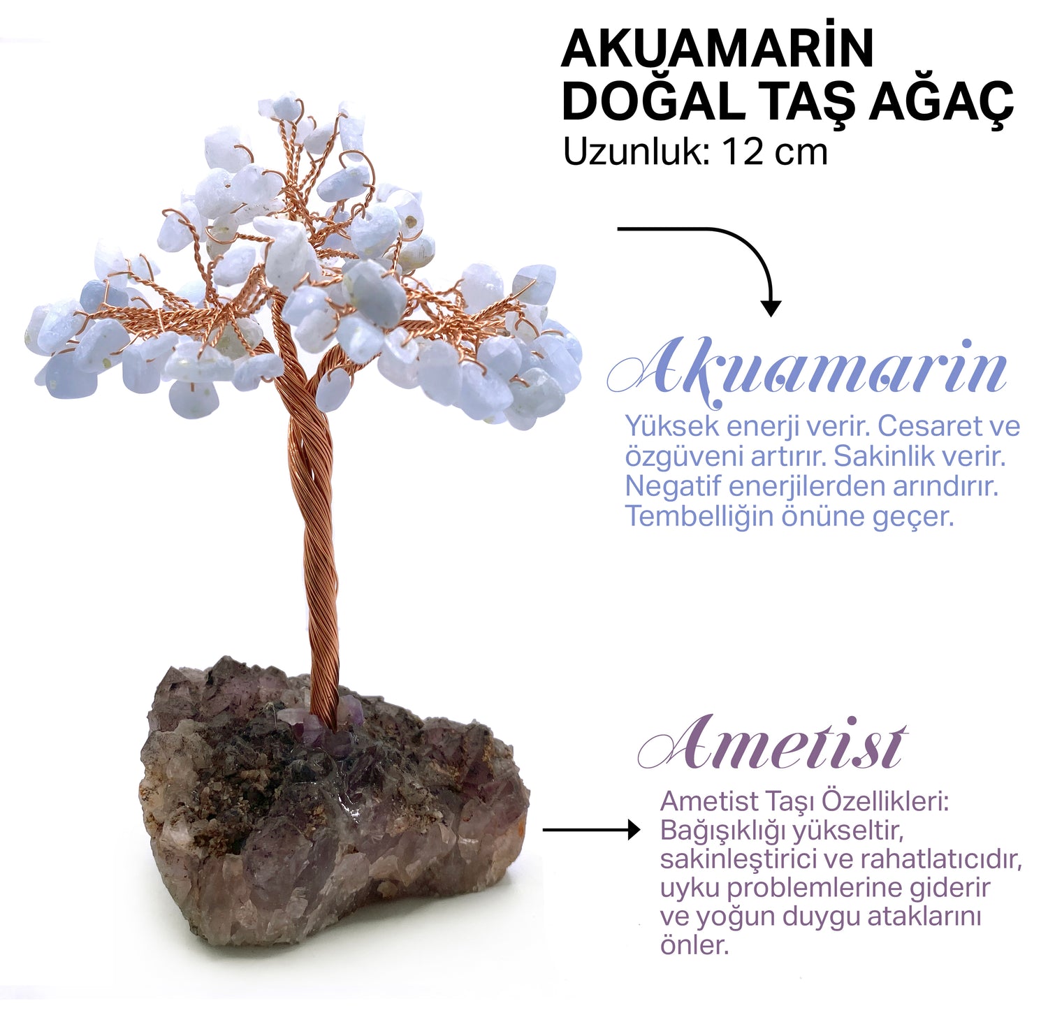 Sertifikalı Hakiki Orijinal Doğal Taş Akuamarin Ağaç - Alt Kısmı Ametist
