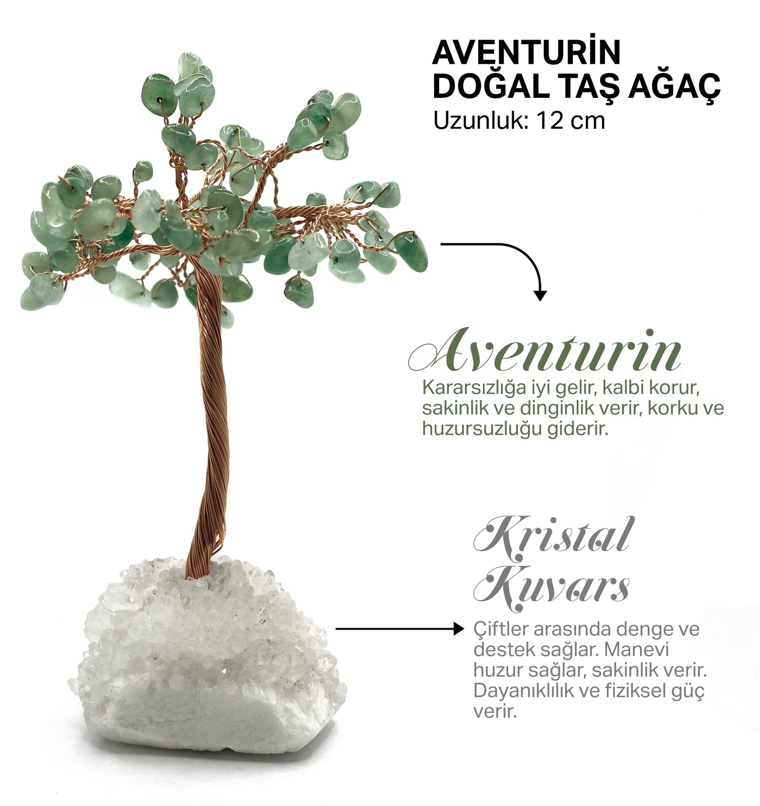 Sertifikalı Hakiki Orijinal Doğal Taş Aventurin Ağaç - Alt Kısmı Kristal Kuvars