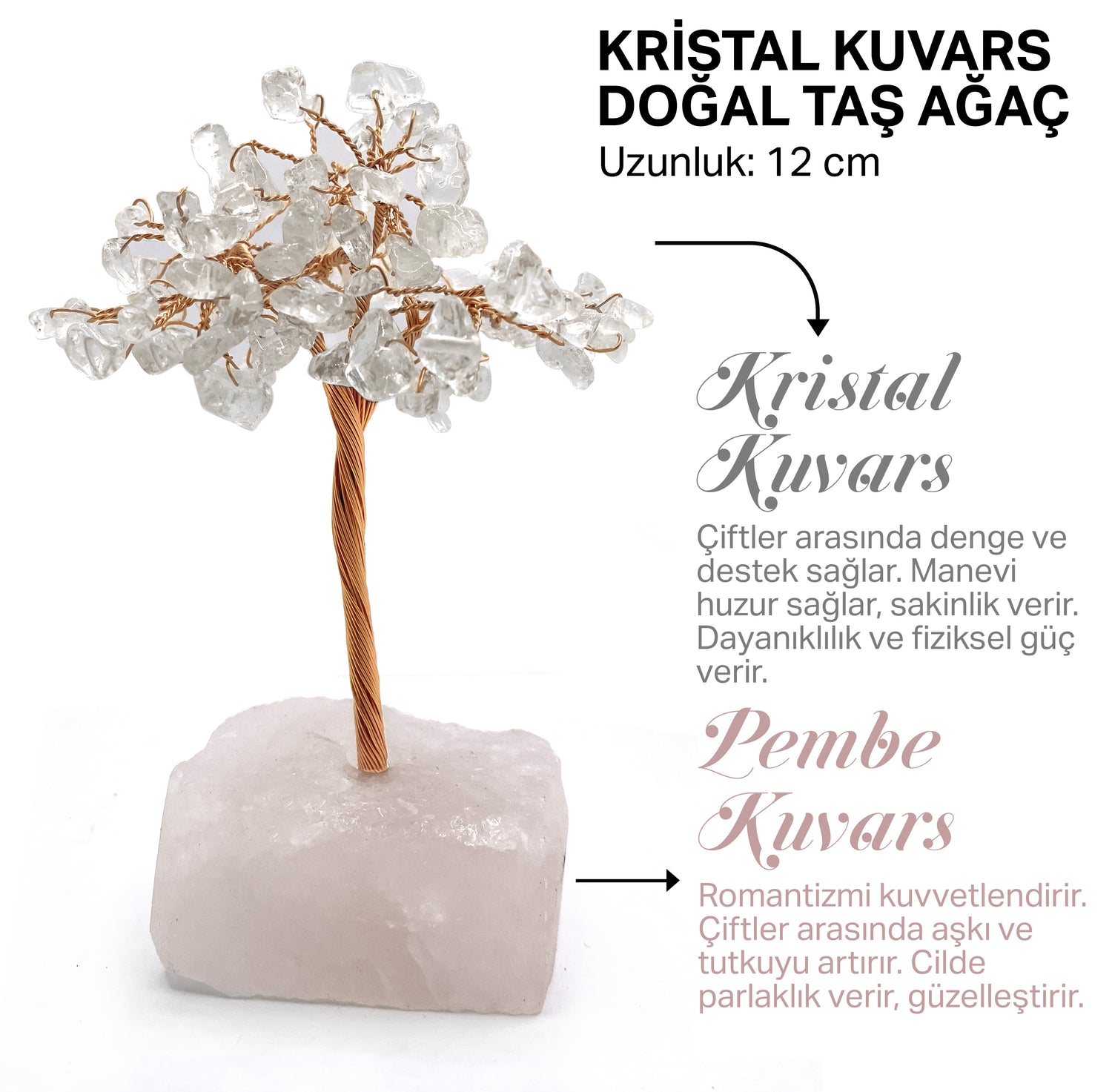 Sertifikalı Hakiki Orijinal Doğal Taş Kristal Kuvars Ağaç - Alt Kısmı Pembe Kuvars